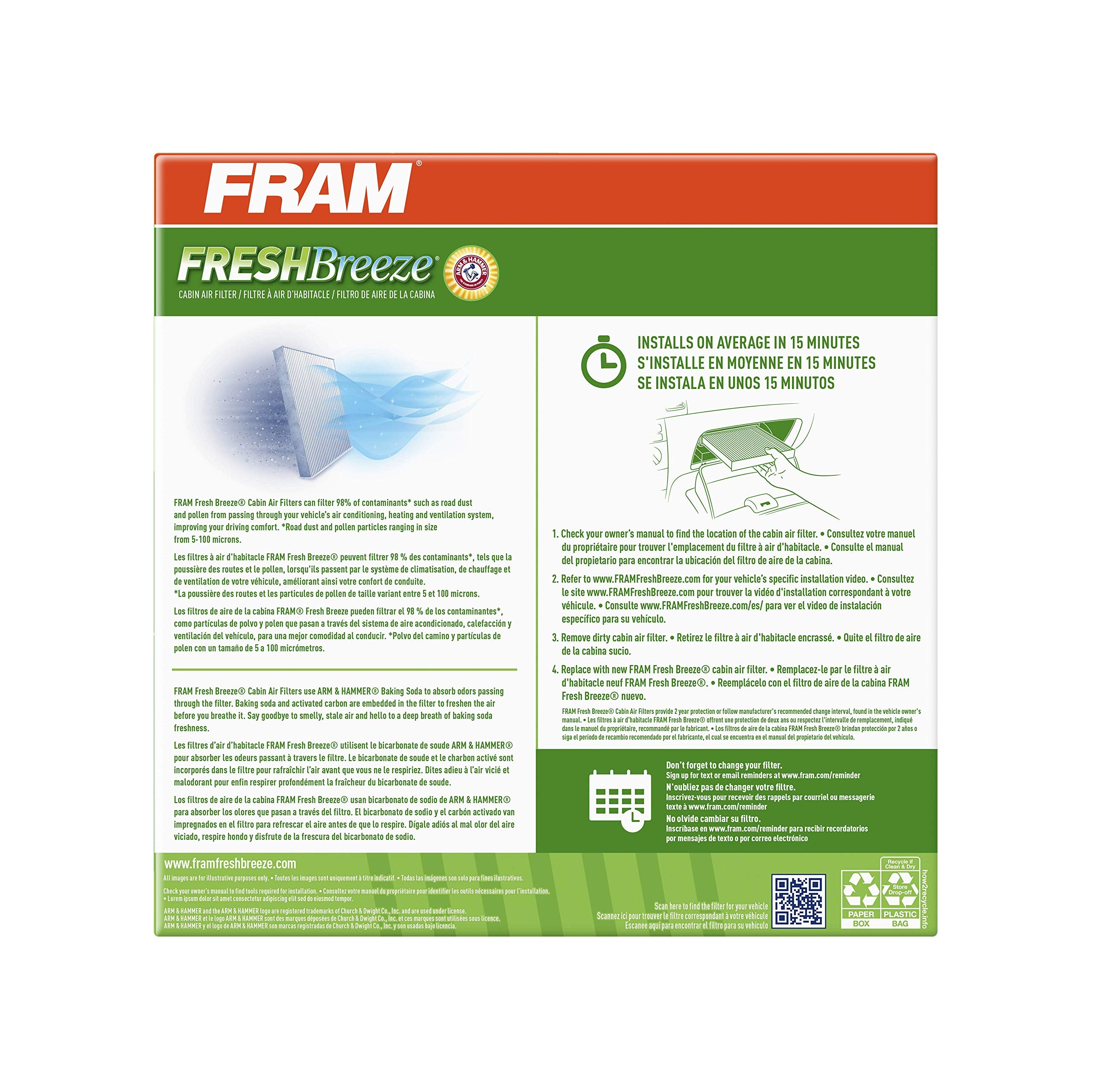 Fram Fresh Breeze Cabin Air Filter Replacement For Car Passenger Compartment W/ Arm And Hammer Baking Soda, Easy Install, Cf8327