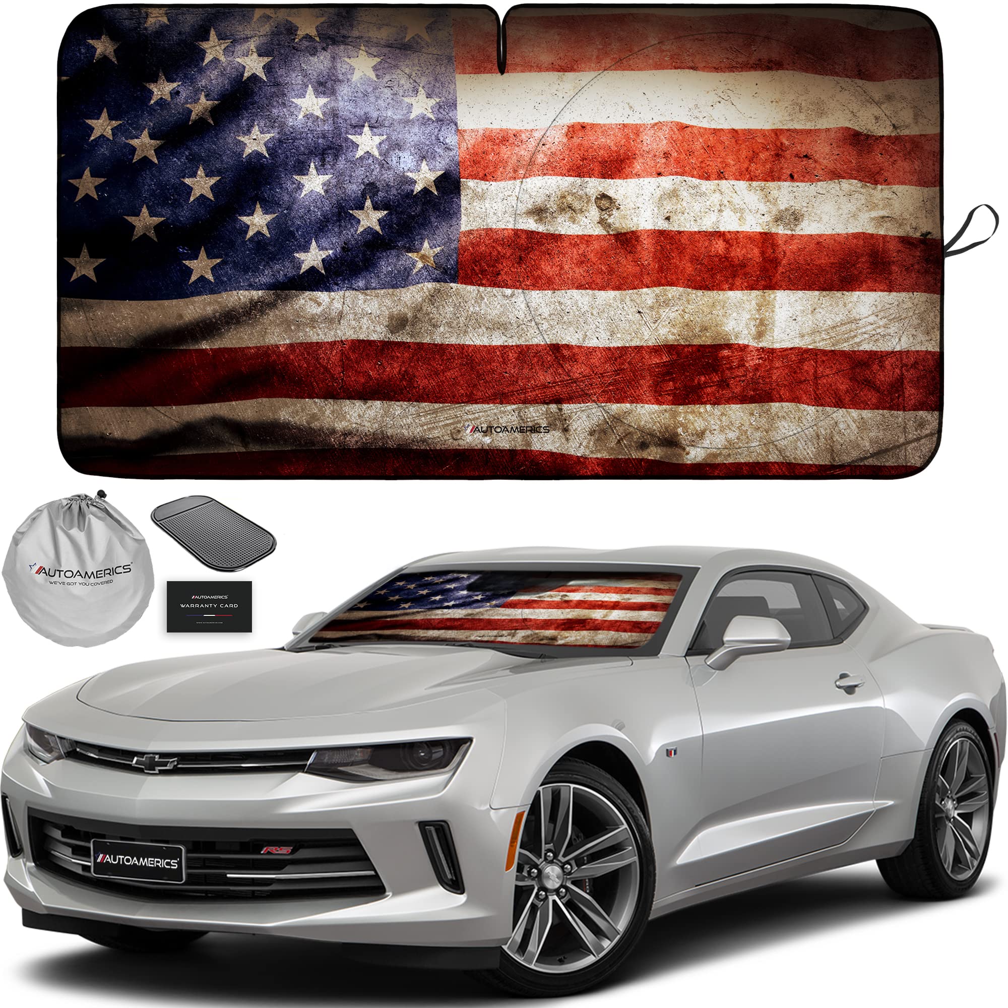 Autoamerics 1-Piece Windshield Sun Shade Grunge American Flag - 2 Usa Design - Foldable Car Front Window Sunshade For Most Sedan