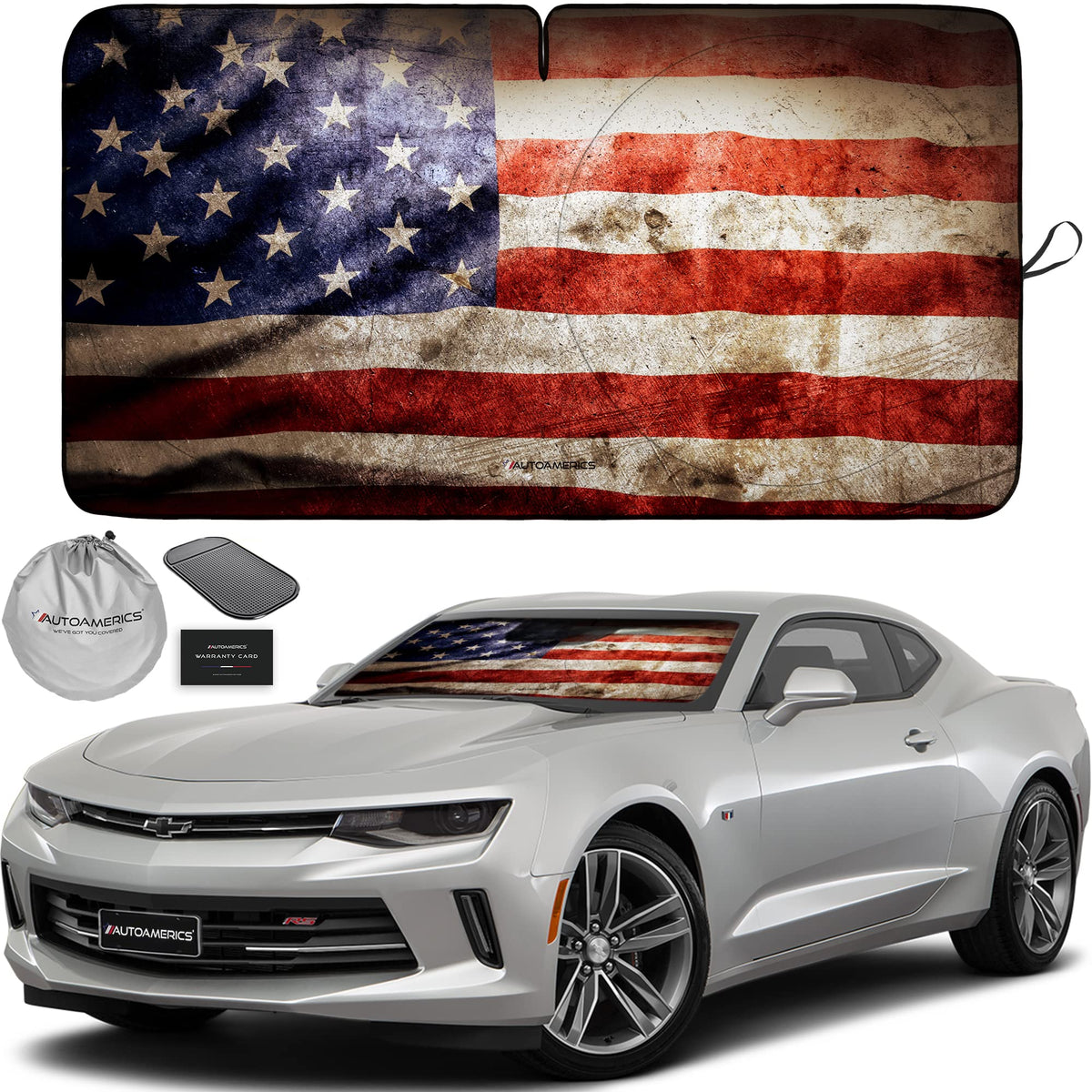 Autoamerics 1-Piece Windshield Sun Shade Grunge American Flag - 2 Usa Design - Foldable Car Front Window Sunshade For Most Sedan