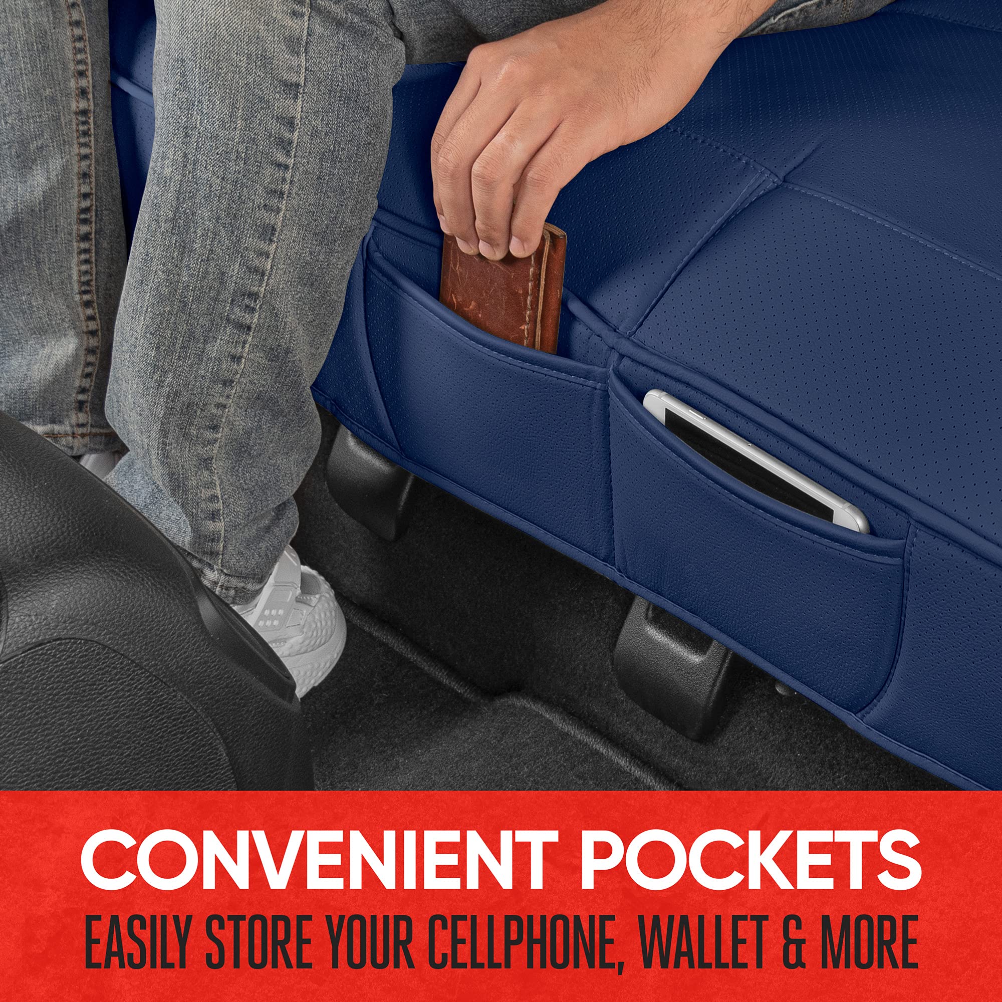 Motor Trend Seat Cover For Cars Trucks Suv, Faux Leather Rear Bench Blue Padded Car Seat Cover With Storage Pockets, Premium Int