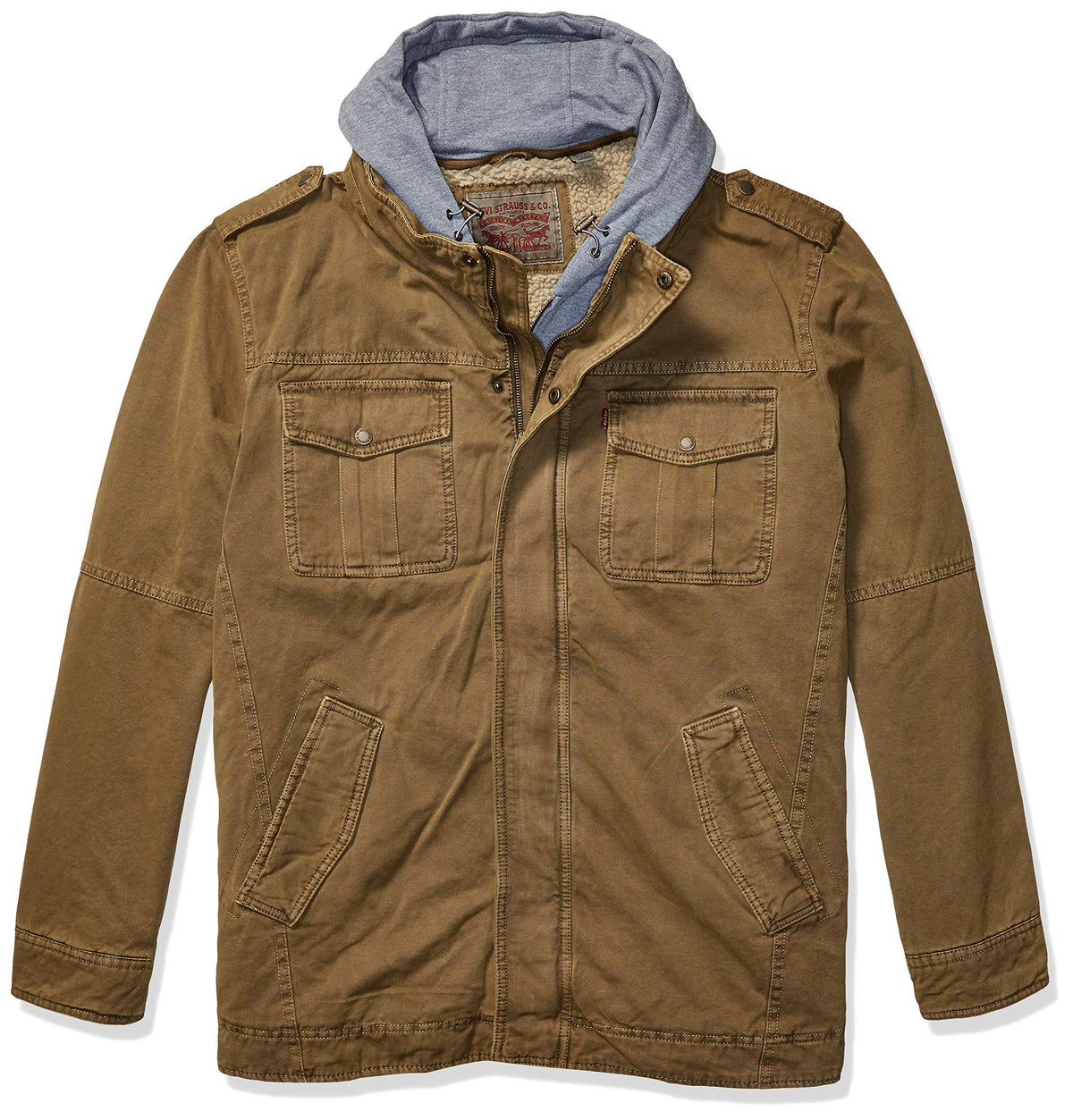 Levis Mens Washed Cotton Hooded Military Jacket, Khaki, 4X-Large Tall