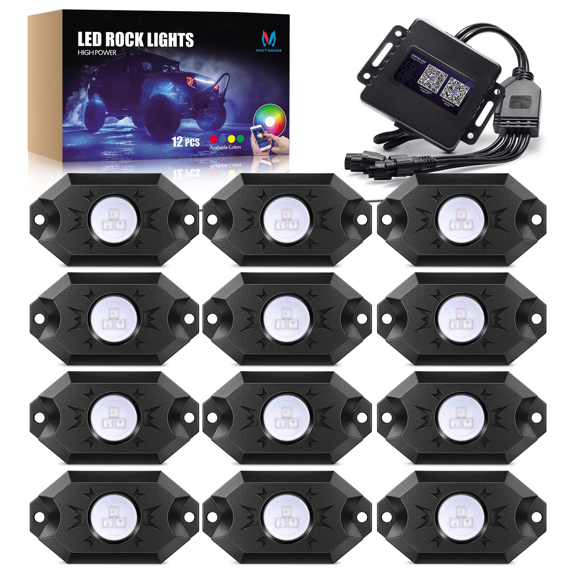 Mictuning 2024 Upgraded Cm Rgb Led Rock Lights Kits - 12 Pods Multicolor Neon Light Waterproof Underglow Lighting Kit With App C