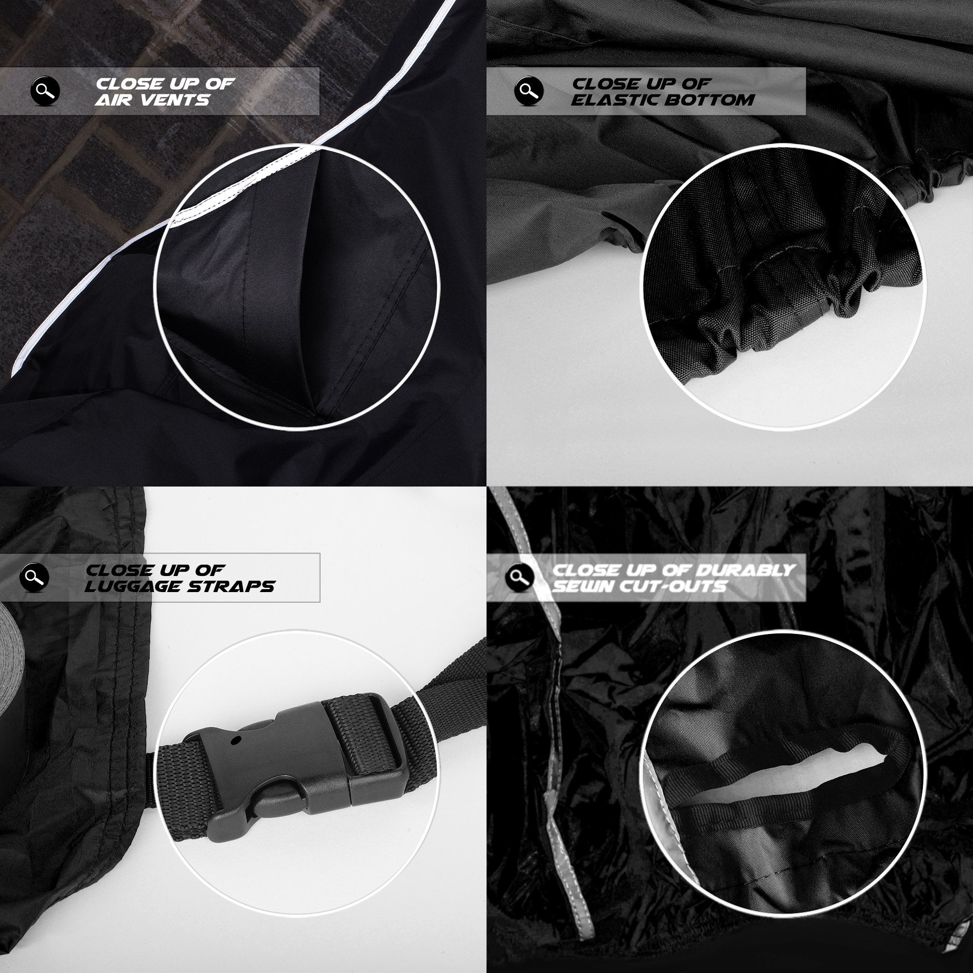 Heavy Duty Motorcycle Cover, Totally Breathable, Reflective Strips, Elastic Bottom, Luggage Strap, Lockable Grom, Durable Sewn C
