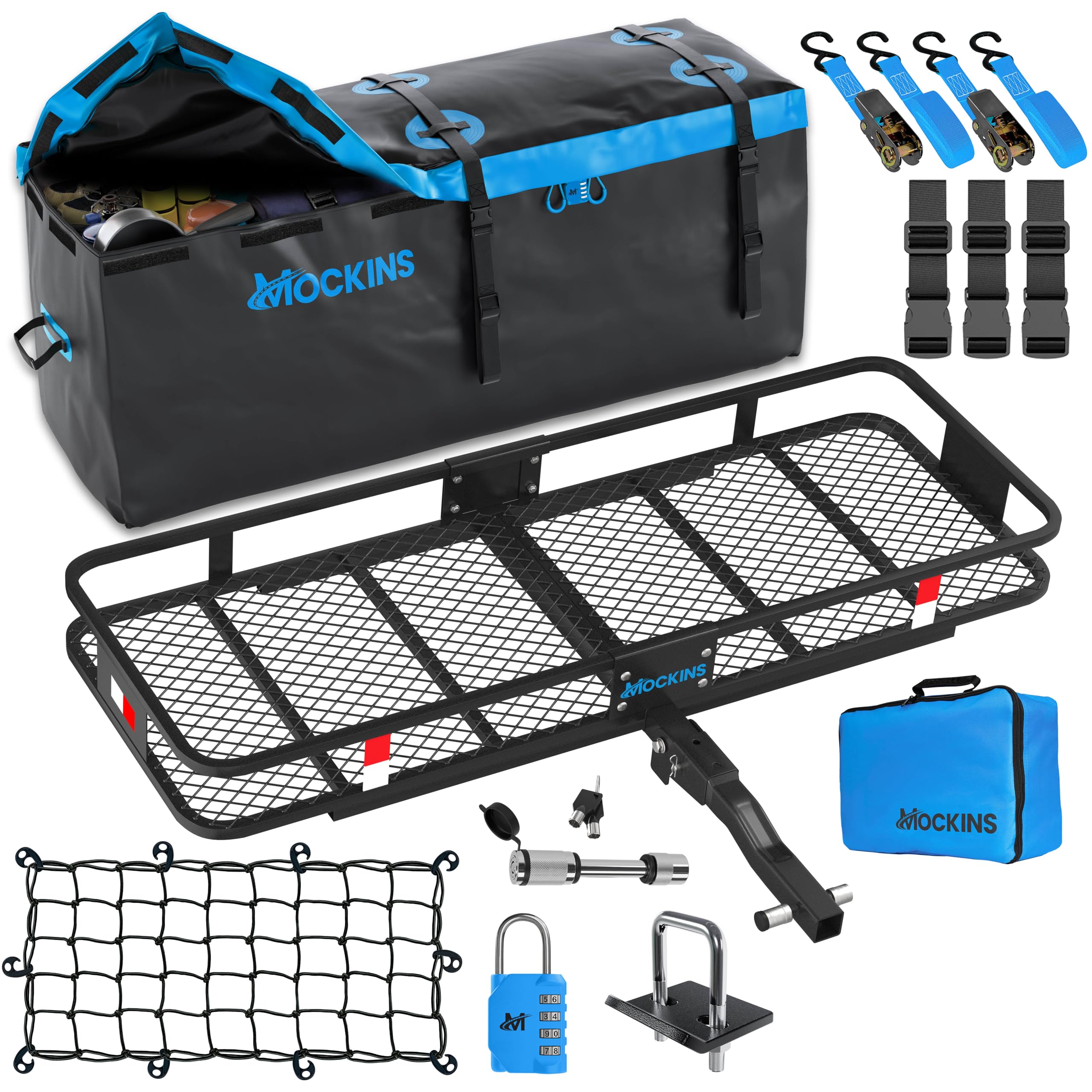 Mockins 60X20X6 Folding Hitch Mount Cargo Carrier & 16Cuft Hitch Cargo Carrier Bag |500Lbs Anti-Rust Vehicle Cargo Carriers W/Waterproof Soft-Shell Truck Bed Cargo Bag | Cargo Racks For Trailer Hitch