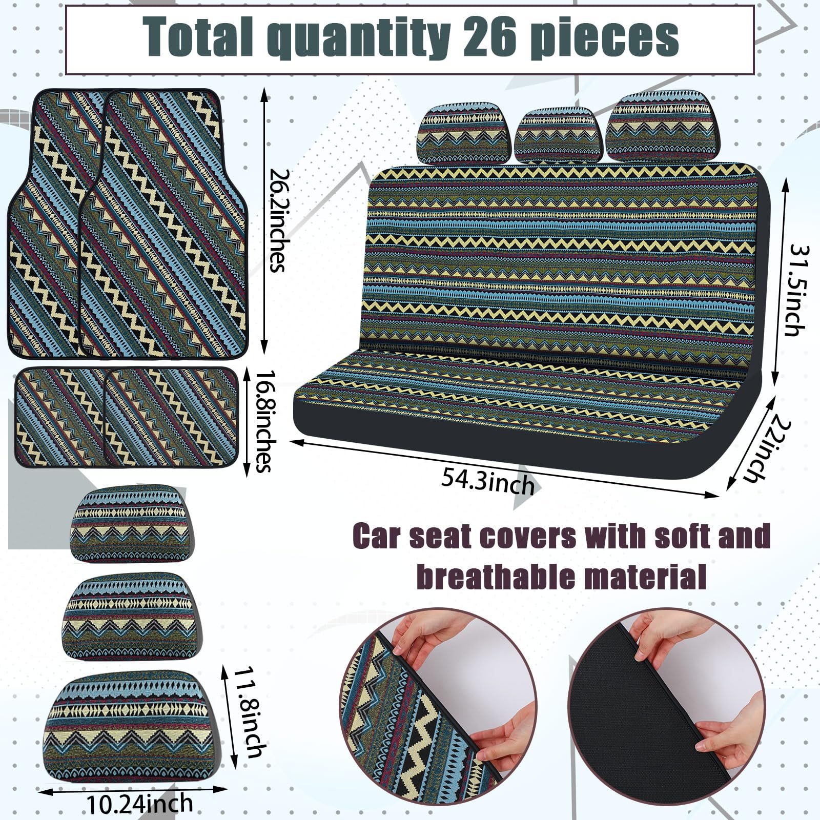 Frienda Baja Car Seat Covers Full Set Multicolor Stripe Car Seat Covers Boho Print Steering Wheel Cover Seat Belt Cover Crystal