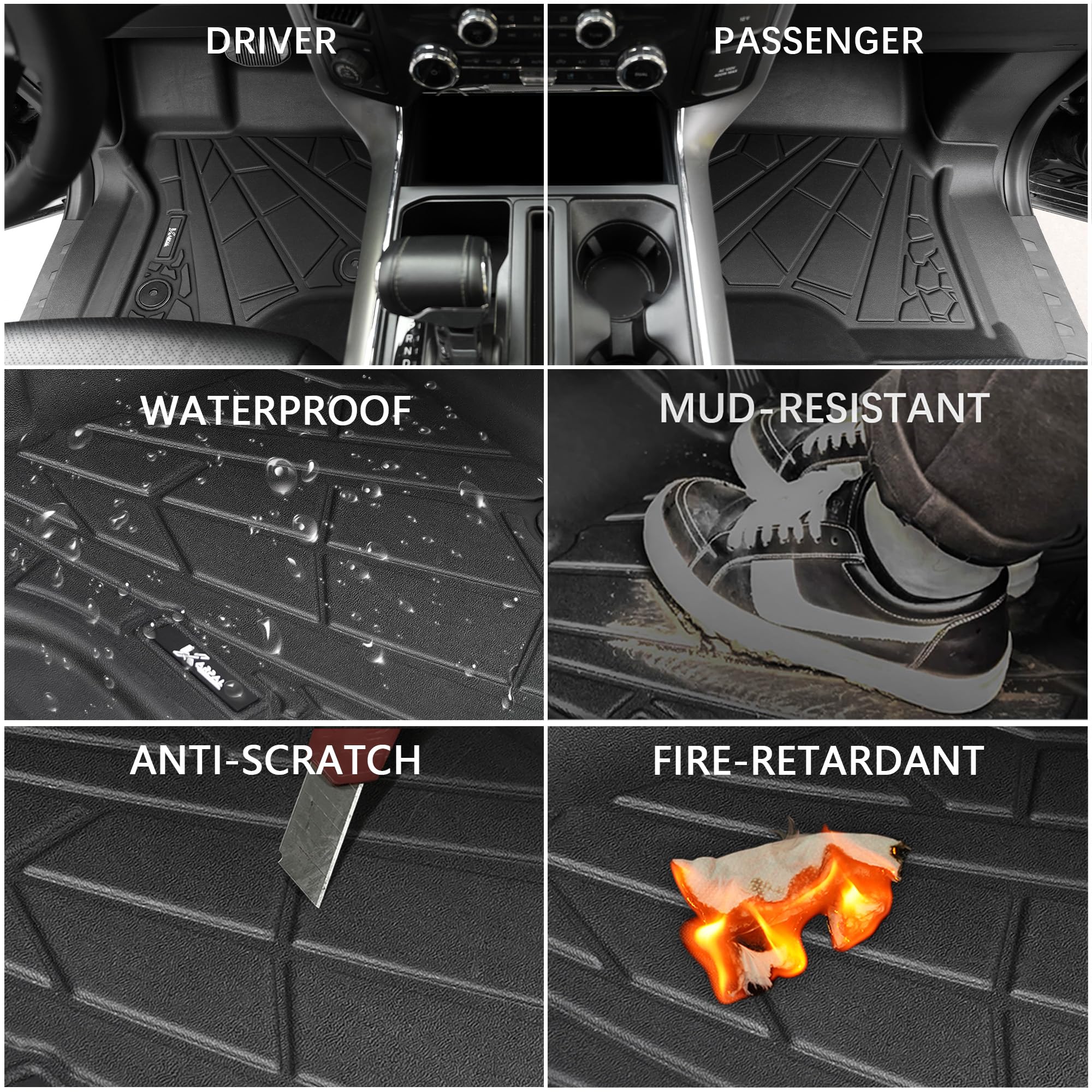 Karpal Floor Mats Fit Ford F-150 Supercrew/Supercab 2015-2024 (Includes 22-24 Lightning Model), Custom Fit All Weather Tpe Ford