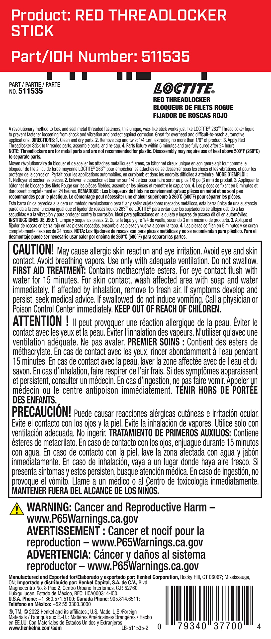 Loctite 268 Red Threadlocker Glue Stick: All-Purpose, High-Strength, Anaerobic, for Heavy-Duty Applications, Works on All Metals