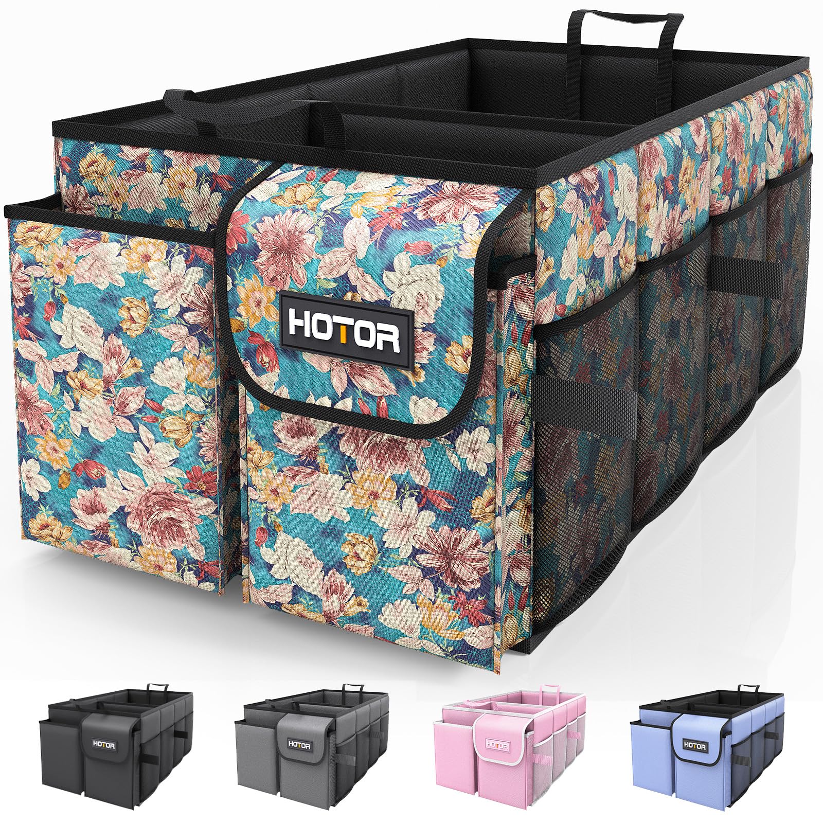 Hotor Trunk Organizer - Foldable Car Storage For Suvs & Sedans, Sturdy Organization For Accessories, Tools, Sundries, Blue Flowe