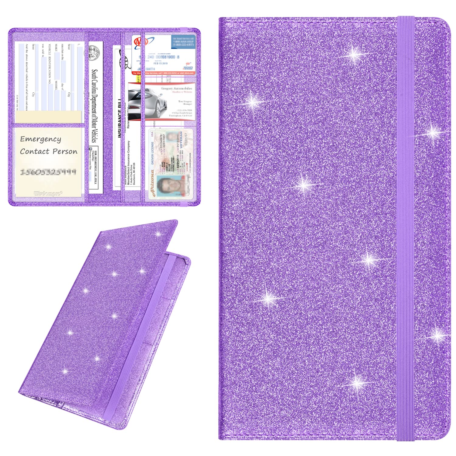 Wisdompro Car Registration And Insurance Holder Premium Glitter Pu Leather Vehicle Glove Box Organizers Wallet For Document, Lic