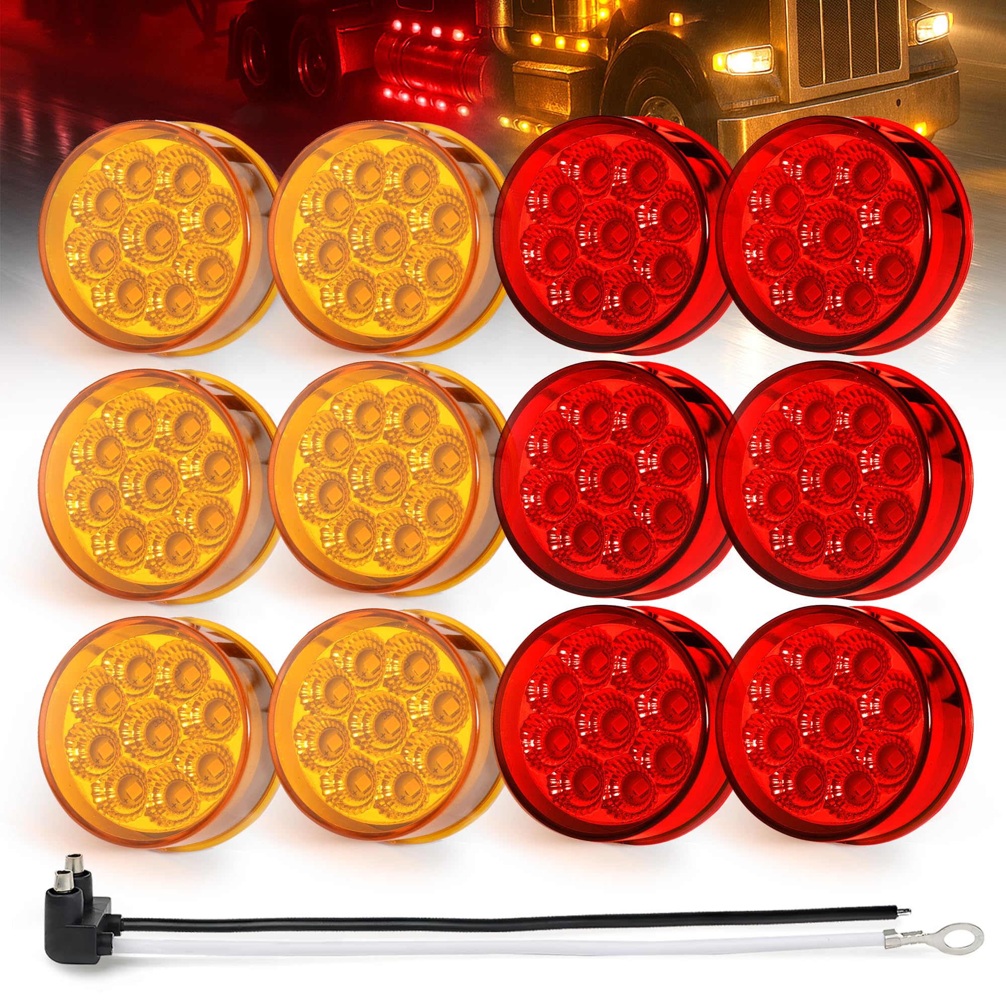 MADCATZ 12Pcs 2 Inch Round 6 Amber + 6 Red LED Side Marker Lights 9LEDs Reflectors with 2 Prong Pigtail Sealed Waterproof 12V fo