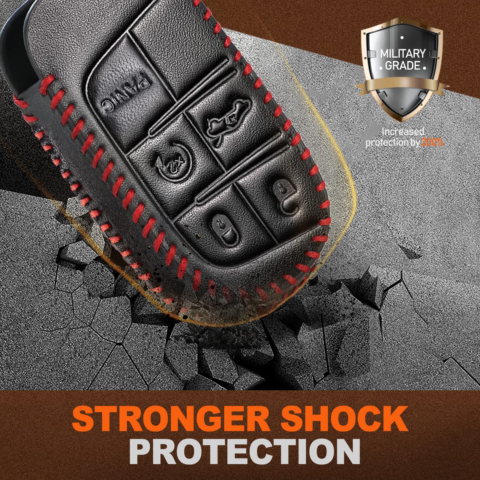 Slohif For Jeep Key Fob Cover Keychain Accessories For Grand Cherokee Renegade Chrysler 200 300 Dodge Ram Durango Charger Challenger Journey Dart Fiat 5 Buttons, Leather Case+D-Ring+Hook(Black)