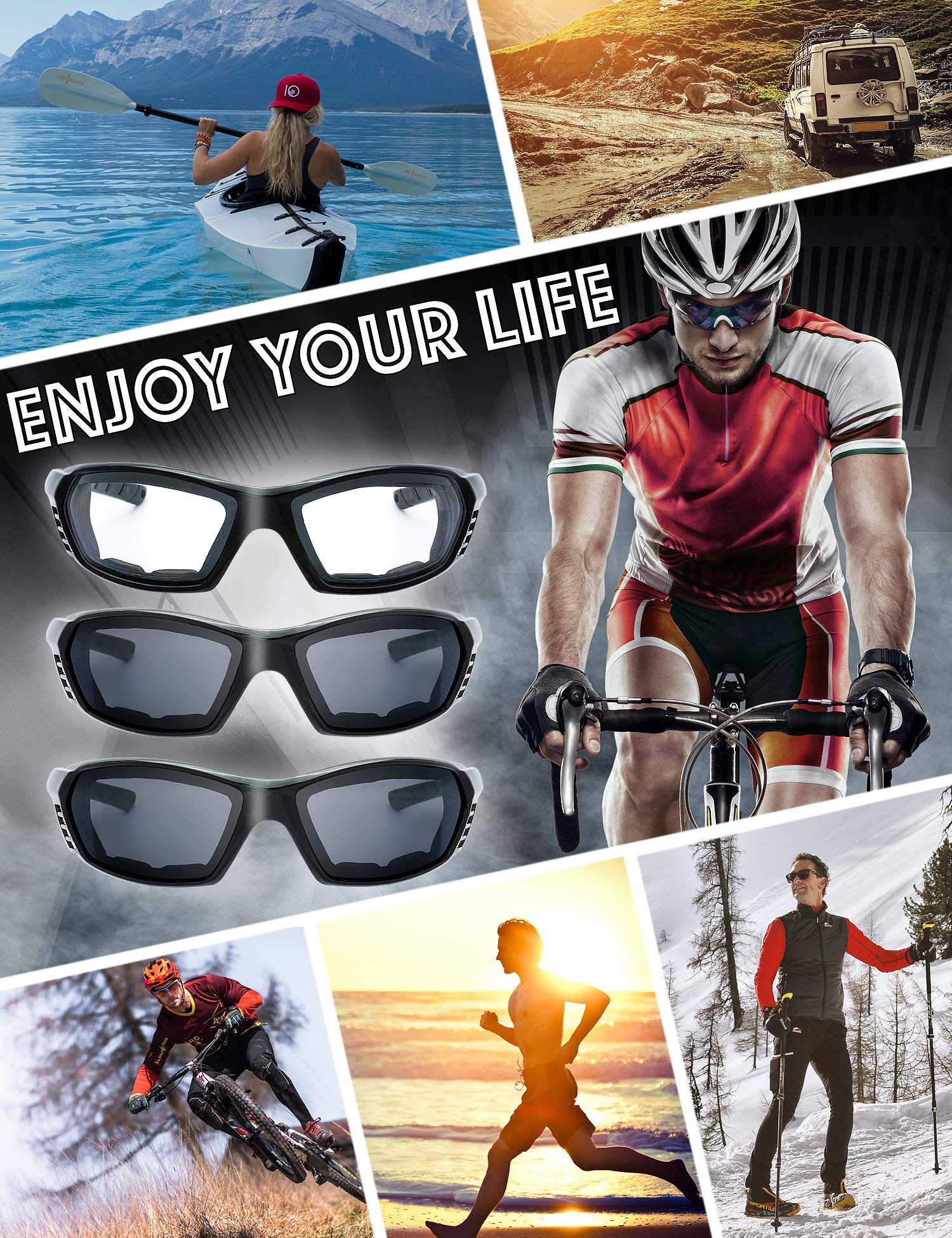 The Fresh Motorcycle Riding Glasses Padded Frame Lens Block 100% UVB for Outdoor Activity Sport (23-Shiny Black, Clear*1, & Grey