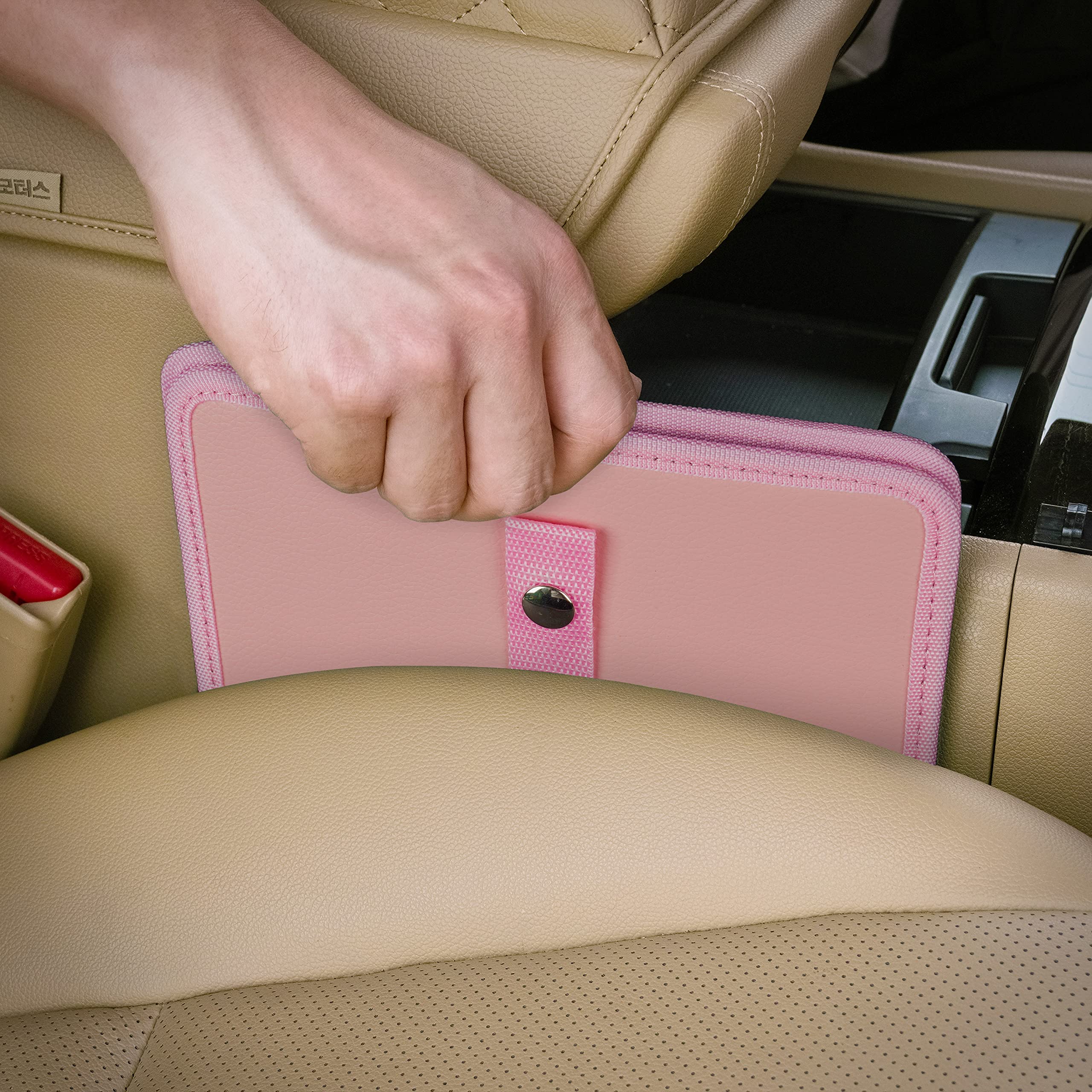 Kmmotors Jopps Car Trash Can - Compact Foldable Strap Bin, Pu Leather & Oxford, Waterproof, Cute & Soft-Tone Design For Stylish