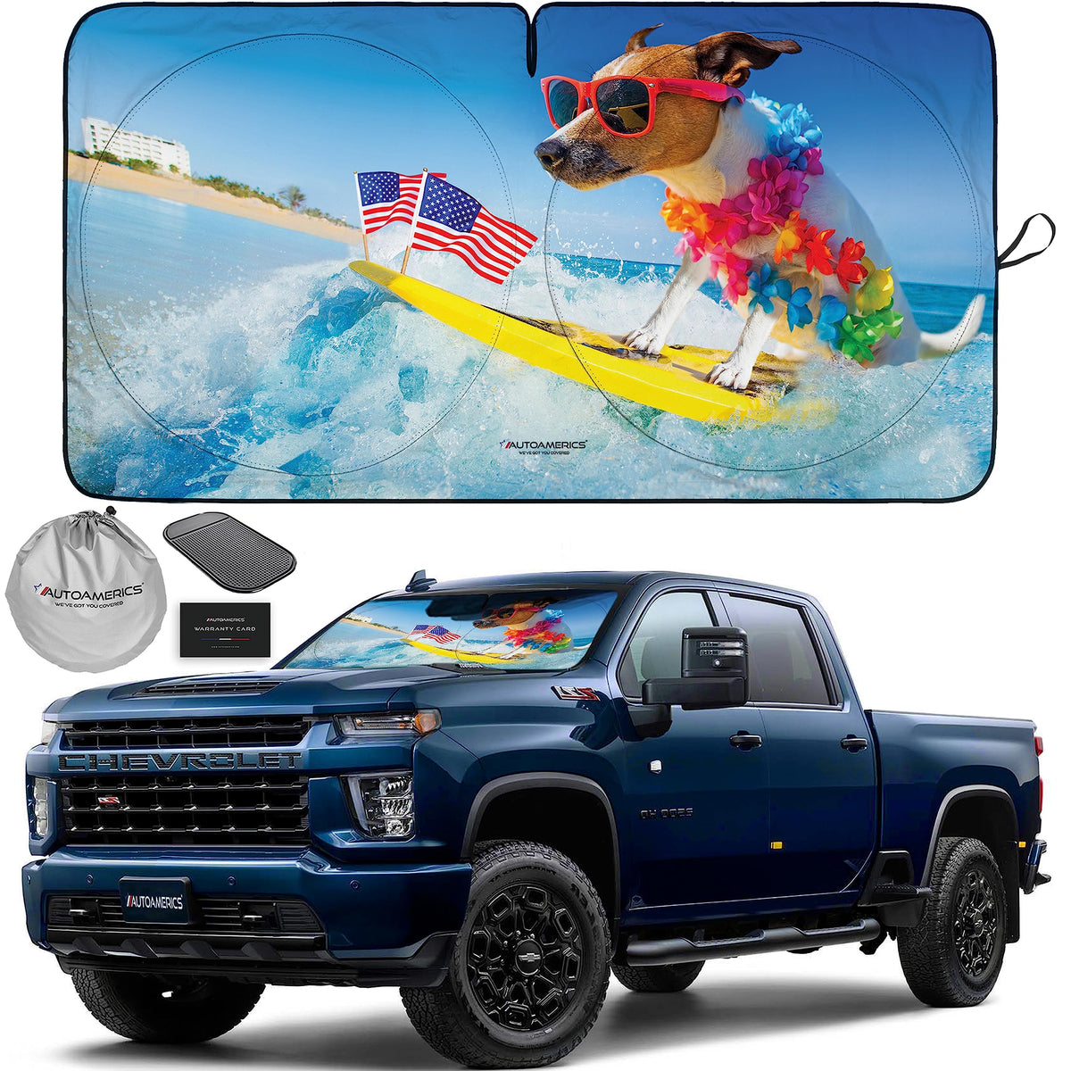 Autoamerics 1-Piece Windshield Sun Shade - Surf Dog Design Foldable Car Front Window Sunshade For Cars Suv Truck - Heat Blocker
