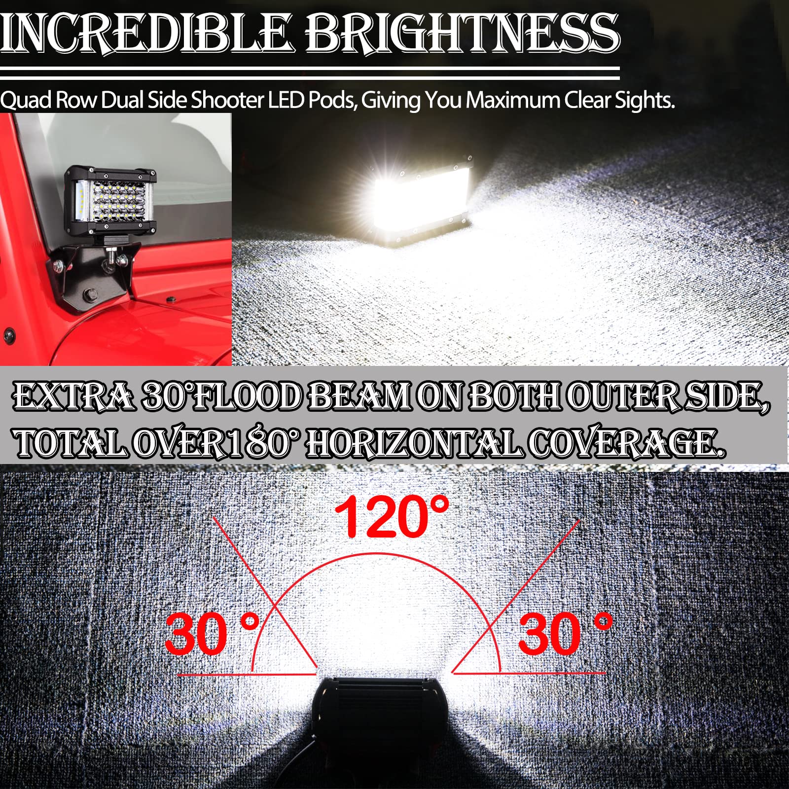 Muto-Beam Side Shooter Led Pod Lights, 2Pcs 4 Inch Quad Row Light Pods Led Fog Lights Off Road Driving Lamps Waterproof Spot Flo