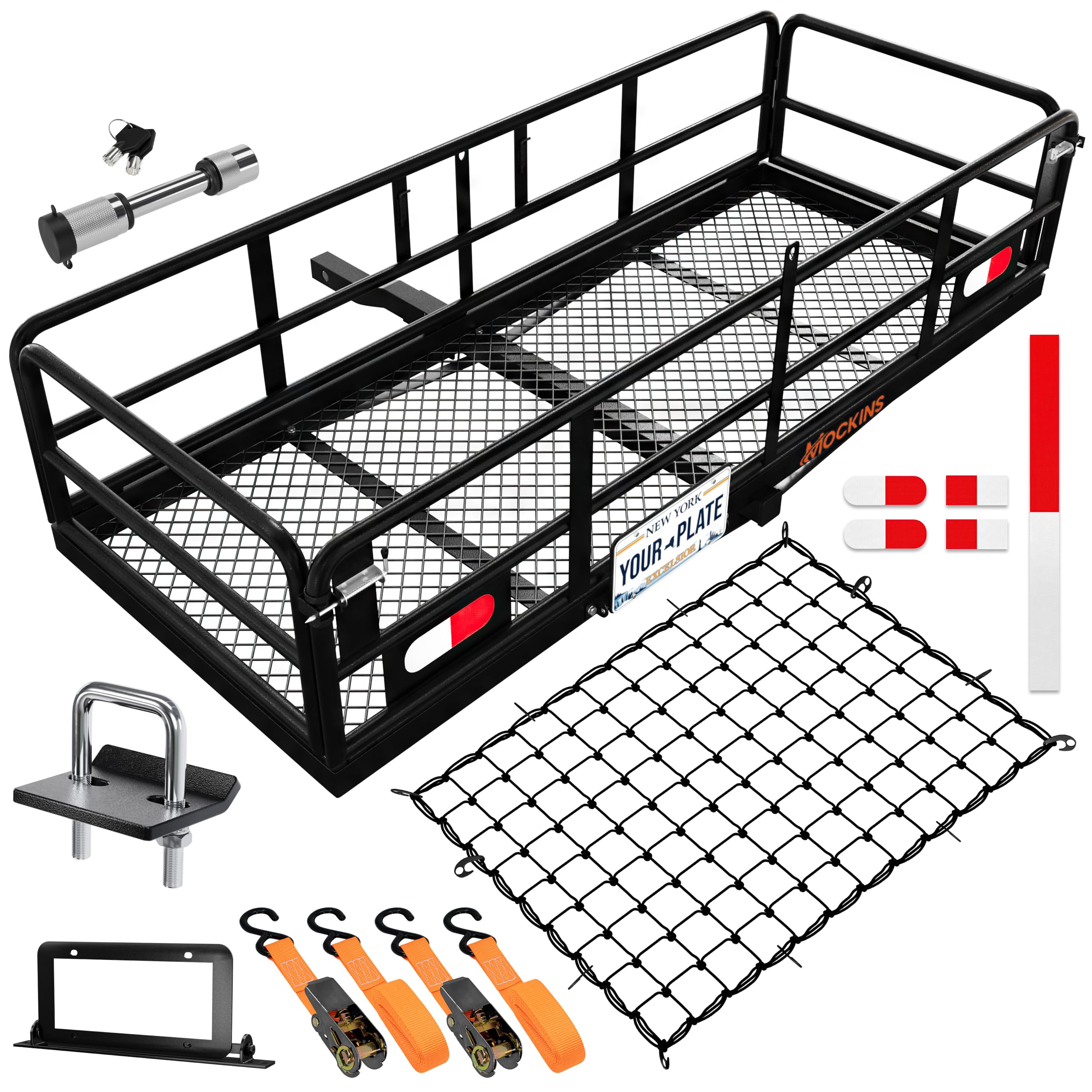 Mockins 60x24x14 High Rail Car Trailer Hitch Cargo Carrier w/Plate Bracket | 500 Lbs. Capacity Folding Luggage Rack for SUV, Car