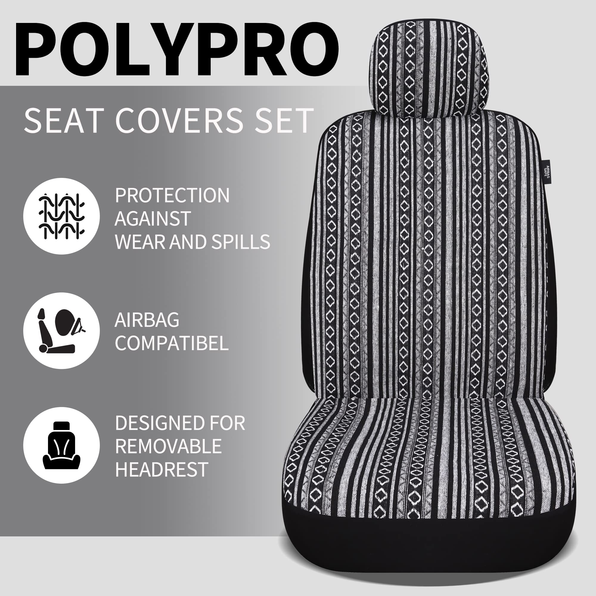 Haiyaotimes Baja Saddle Blanket Car Seat Covers Front Set With Seat Belt Pads, Washable Breathable Seat Covers For Cars, Universal Fit Interior Covers For Most Cars, Airbag Compatible, Black/White