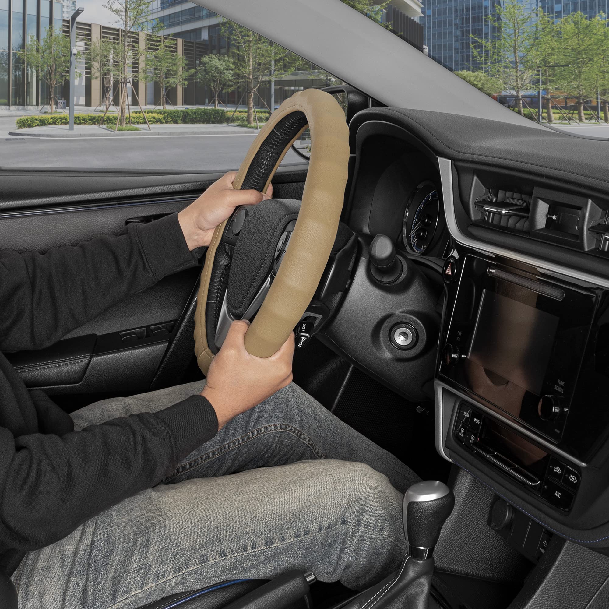 BDK Genuine Beige Leather Steering Wheel Cover for Car, Small 13.5-14 inch - Ergonomic Comfort Grip for Men & Women, Car Steerin