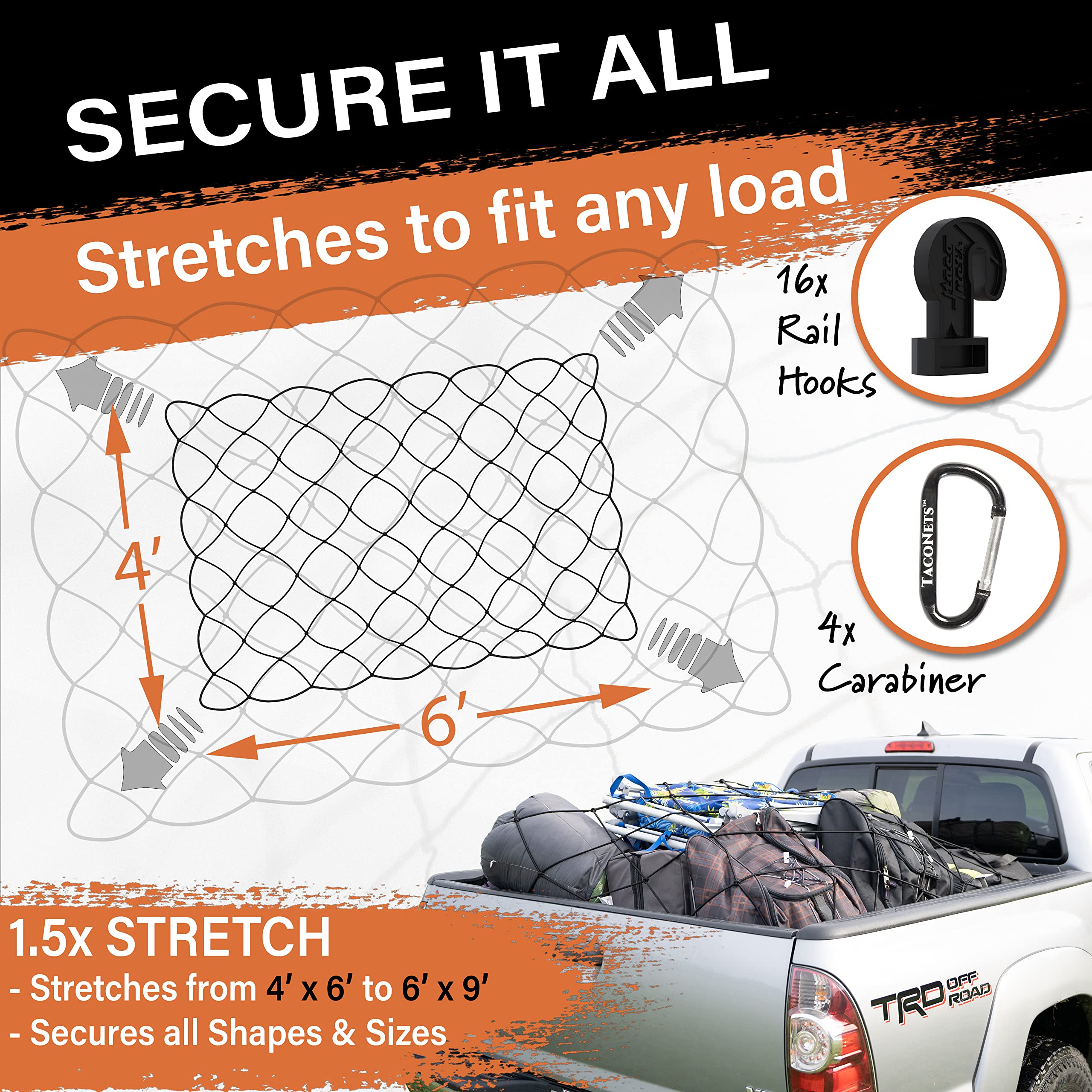 Taconets Toyota Tundra W/Oem Deck Rail System Cargo Net - Patent Pending Design - Fits 2007-2024 - Heavy Duty 8Mm Premium Bungee