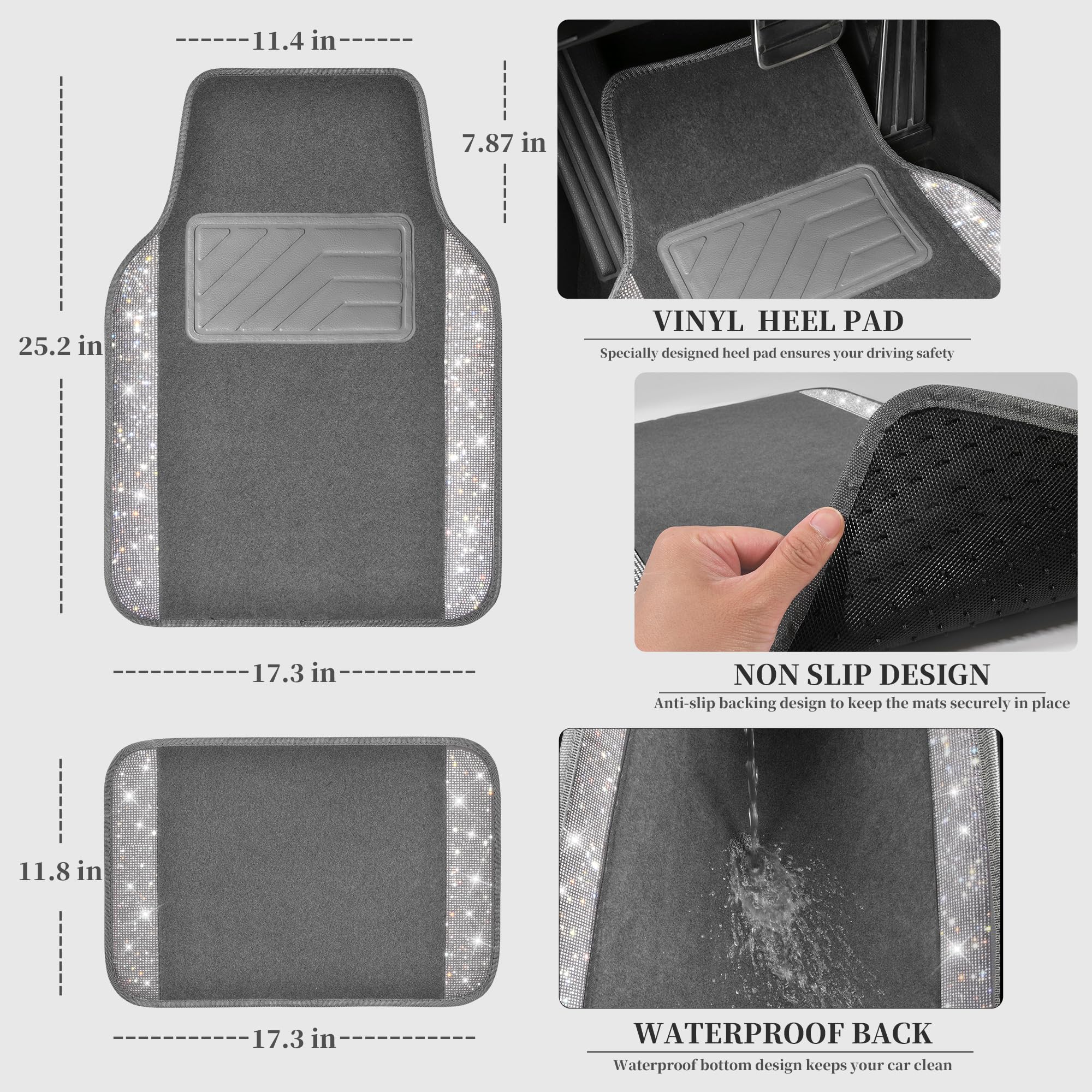 Car Pass Bling Car Mats Shining Diamond Carpet Crystal Rhinestones Sparkly Glitter Floor Mats With Anti-Slip Pvc Heel Pad Universal Fit For Automotive Suv, Sedan, Car, Van, 4Pcs For Girl Women, Gray