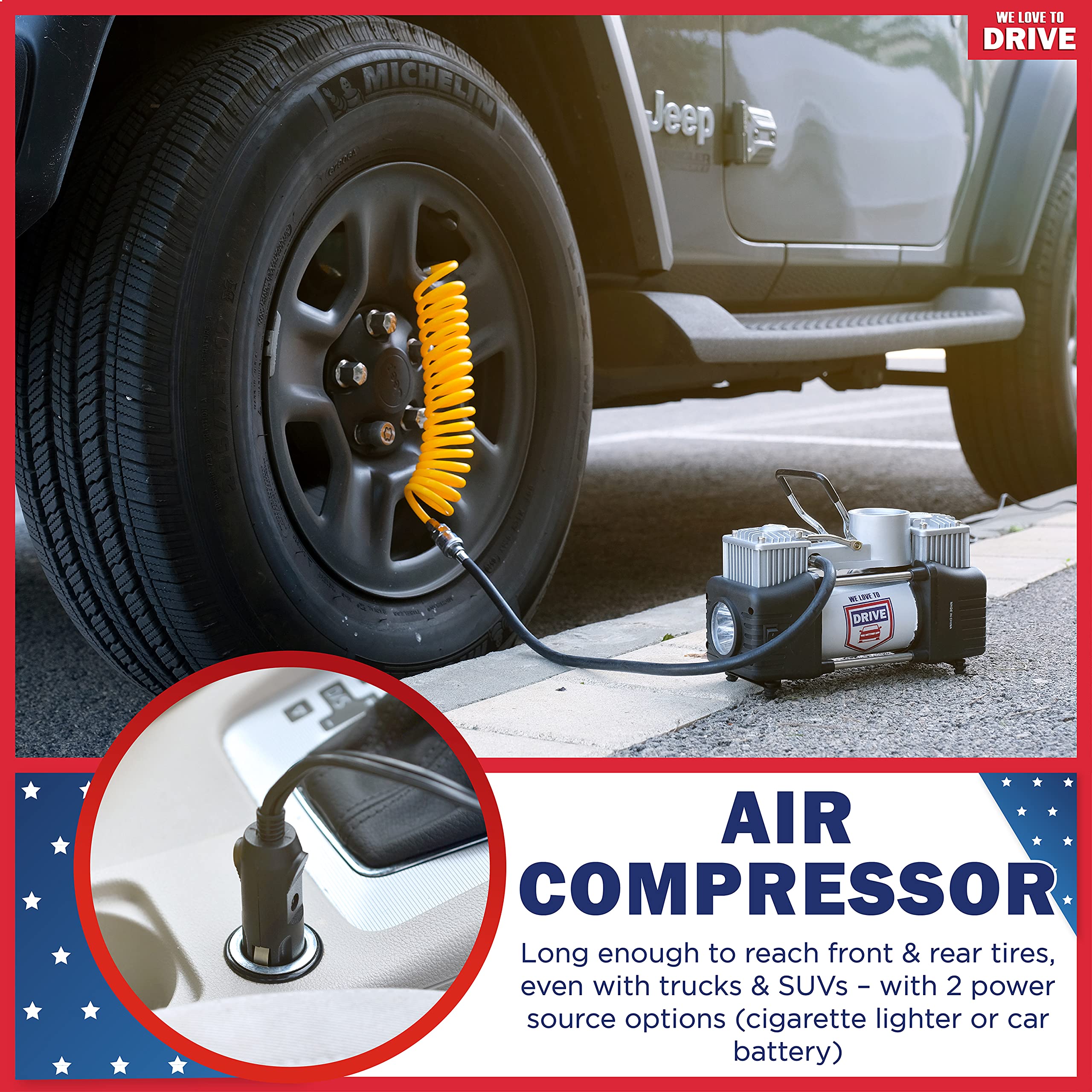 Tire Inflator Portable Air Compressor With Tire Repair Kit - 12V Dc Dual Cylinder Air Pump For Car Tires, 150 Psi Tire Pump With