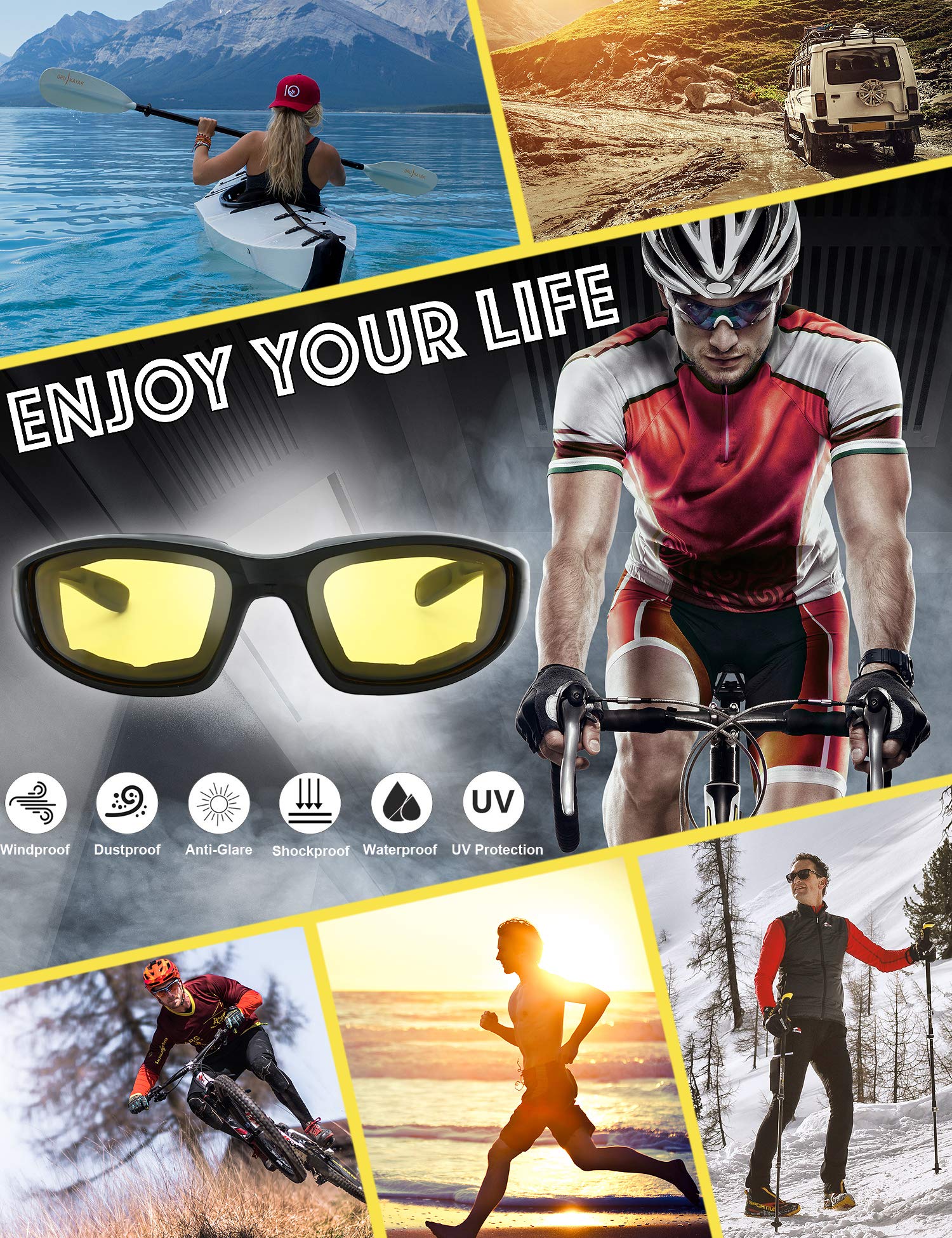 The Fresh Motorcycle Riding Glasses Padded Frame Lens Block 100% UVB for Outdoor Activity Sport (1401-Matte Black, 1 Pair of Nig