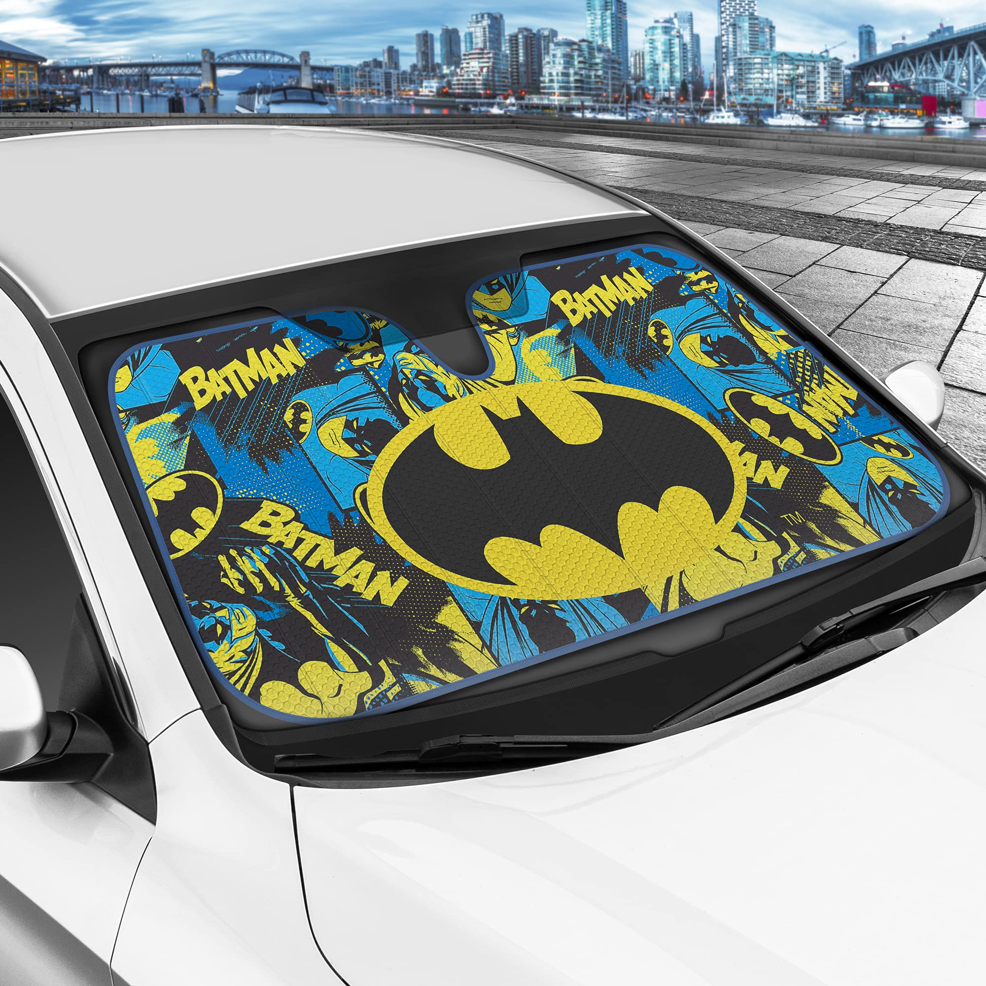 Bdk Warner Bros Dc Comics Classic Batman Car Window Shades - Accordion Folding Windshield Sun Shade - Double Bubble 58 X 27 In -