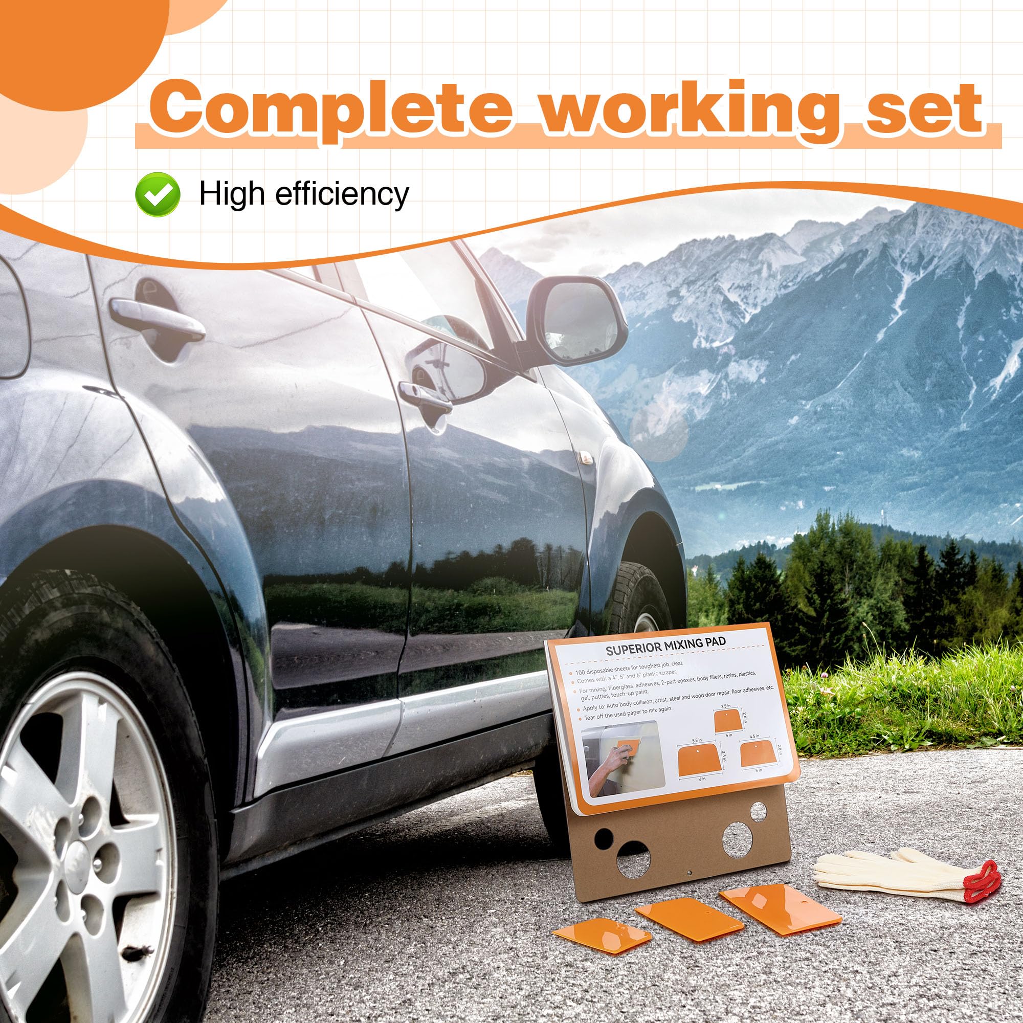 Saillong Body Filler Mixing Board Kit, 1 Body Filler Mixing Pad 12-12 in, 3 Yellow Plastic Scrapers (4-5-6 in), 100 Disposable P