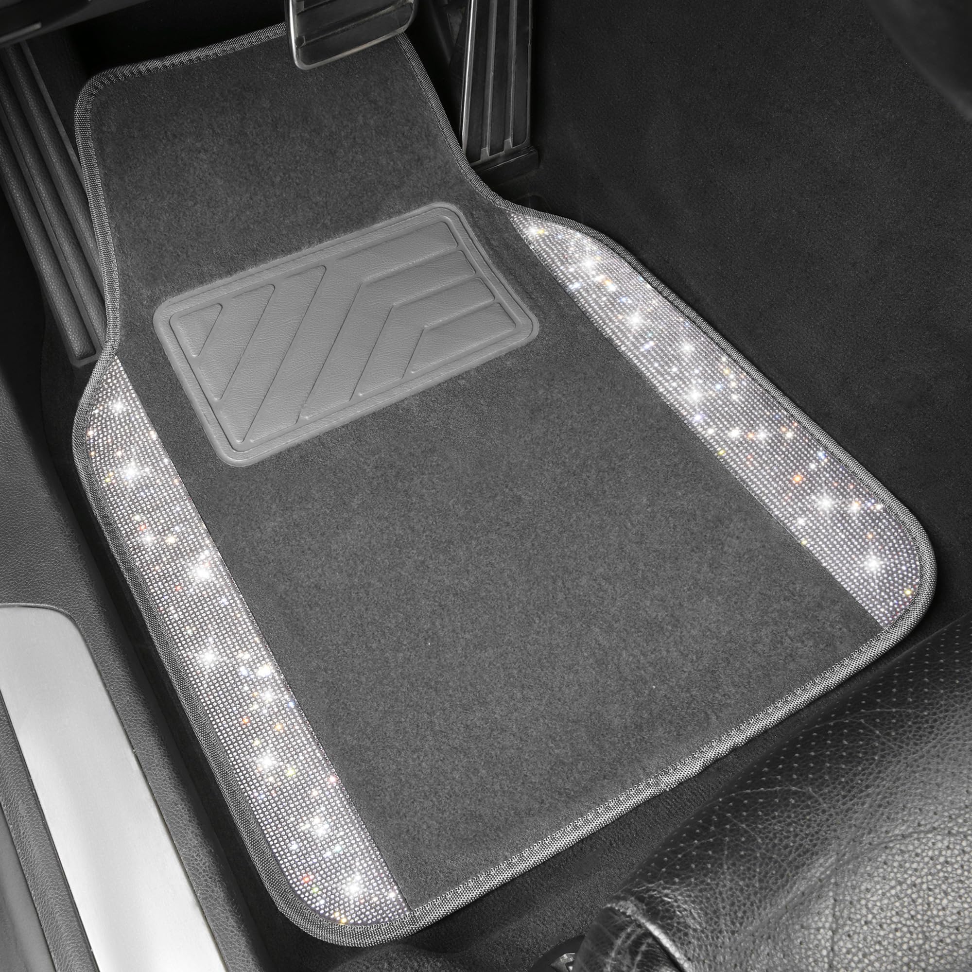 Car Pass Bling Car Mats Shining Diamond Carpet Crystal Rhinestones Sparkly Glitter Floor Mats With Anti-Slip Pvc Heel Pad Universal Fit For Automotive Suv, Sedan, Car, Van, 4Pcs For Girl Women, Gray