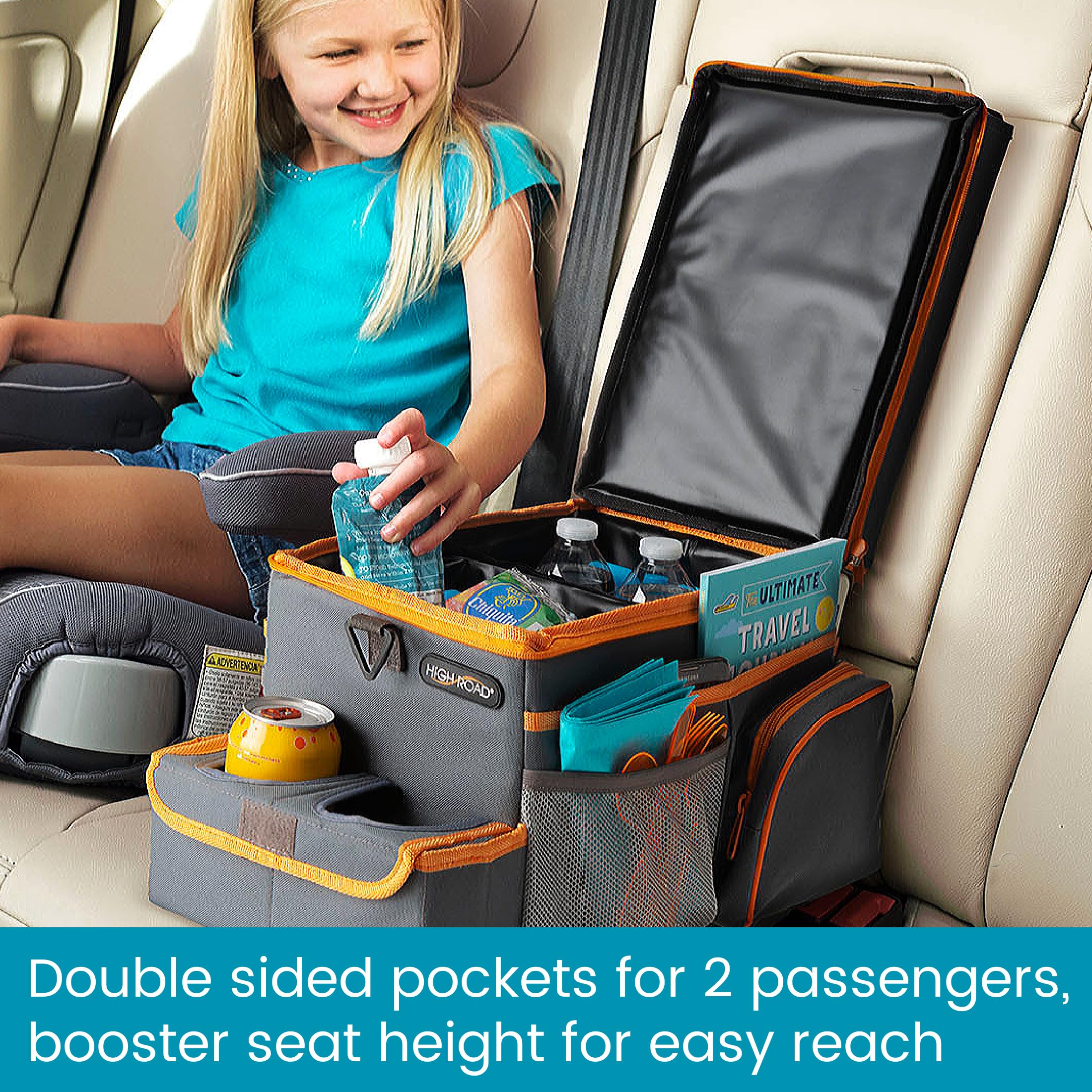 High Road CarHop Car Seat Organizer for the Front or Back Seat for Kids and Adults with Cup Holder Tray, Side Pockets and Car Co