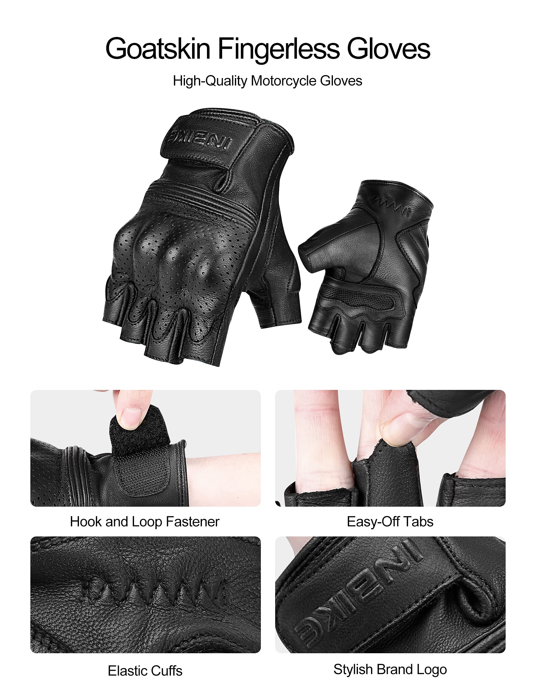 Inbike Fingerless Motorcycle Gloves Summer Breathable Goatskin Leather Wear Resistant Hard Knuckle Black Medium