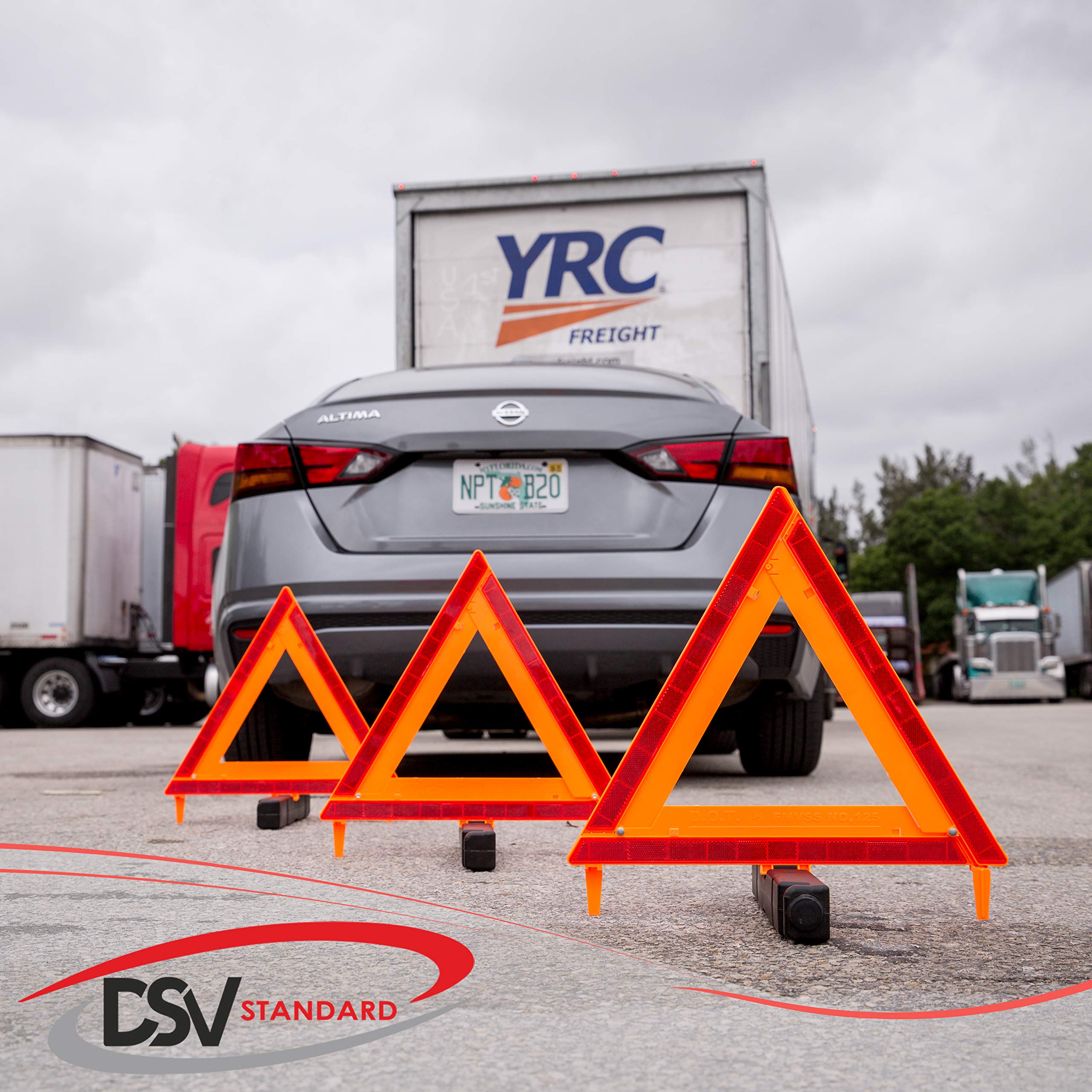 Dsv Standard Warning Triangles, Safety Triangles Dot Approved, 3 Pack, Reflective Triangles With Heavy Base, Fmvss 571.125 &Carrying Case Included