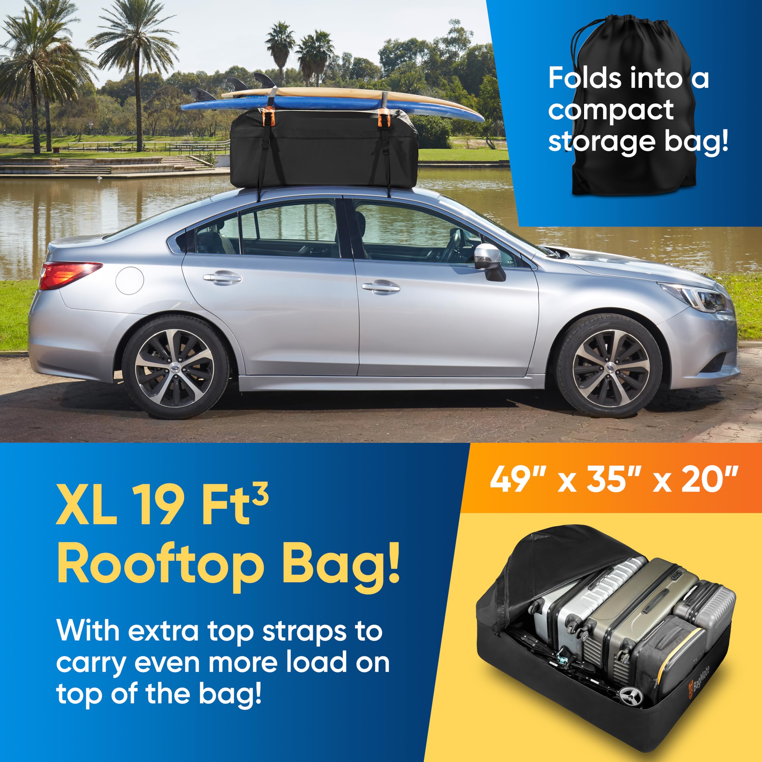 Bagmate Car Roof Bag - Car Rooftop Cargo Carrier Bag – 19 Cubic Ft Waterproof Roof Rack Cargo Carrier, Includes Anti-Slip Mat, 4 Door Hooks, Reinforced Zipper/Buckle, With Or Without Rack