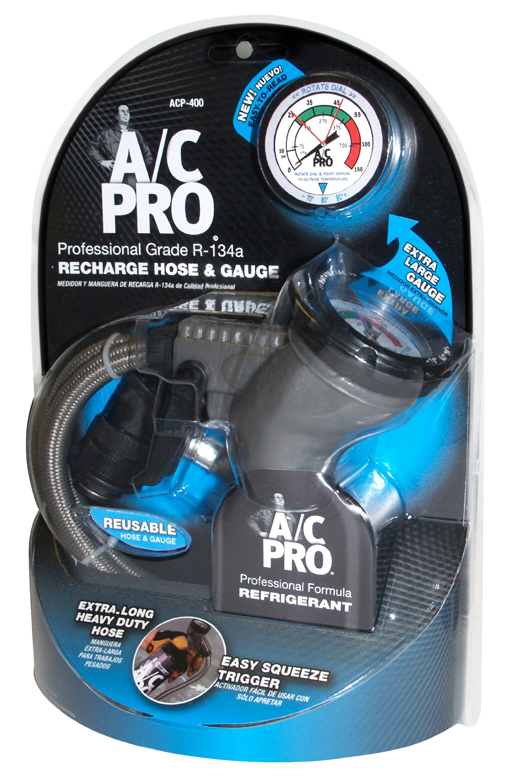 Interdynamics AC Pro Car Air Conditioner Hose and Gauge for R134A Refrigerant, Recharge Cars & Trucks & More, Reusable, 24 in, A