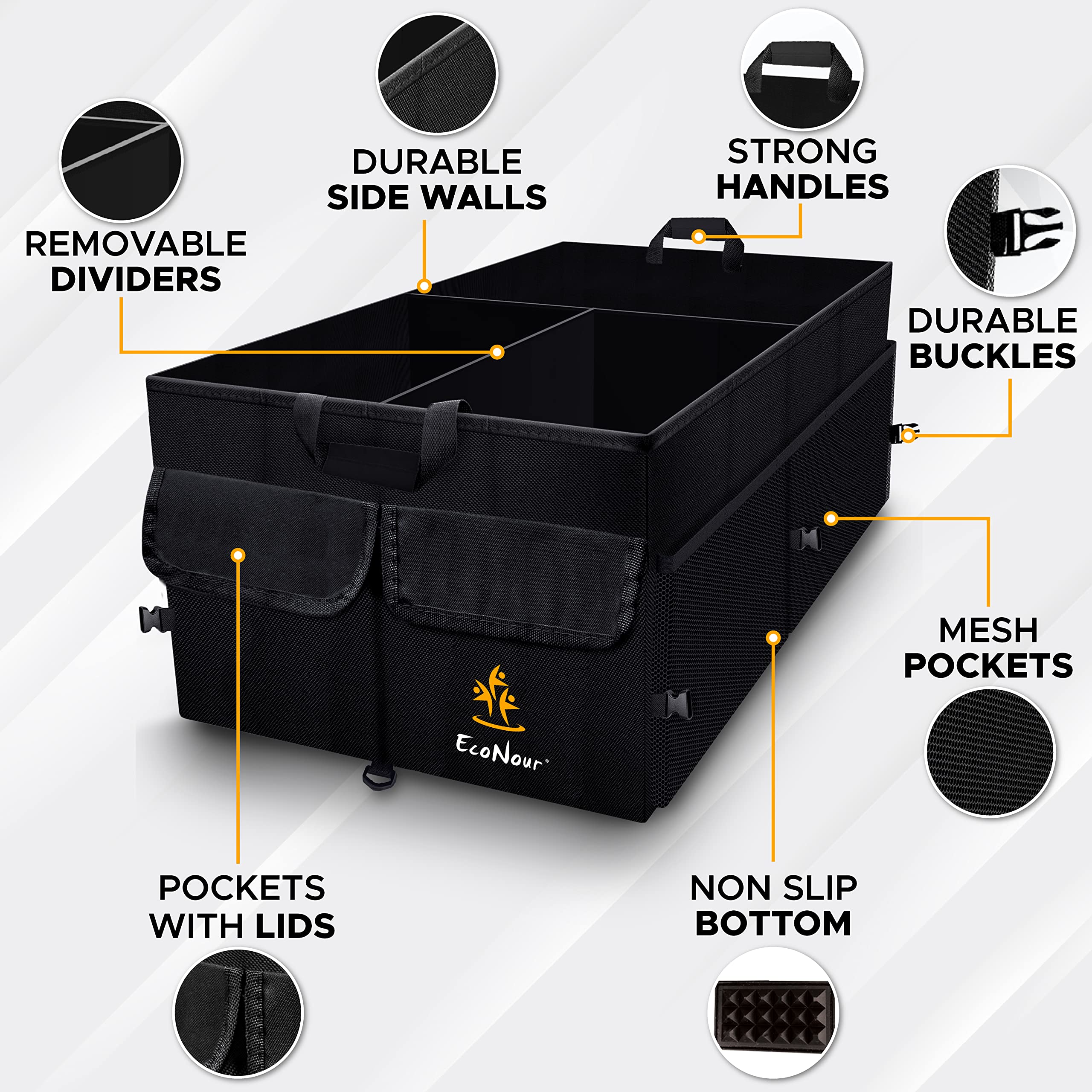 EcoNour Car Storage Organizer, Collapsible Multi Compartment SUV Trunk Organizer, Non Slip Bottom, Adjustable Securing Straps (Black, Standard Size)