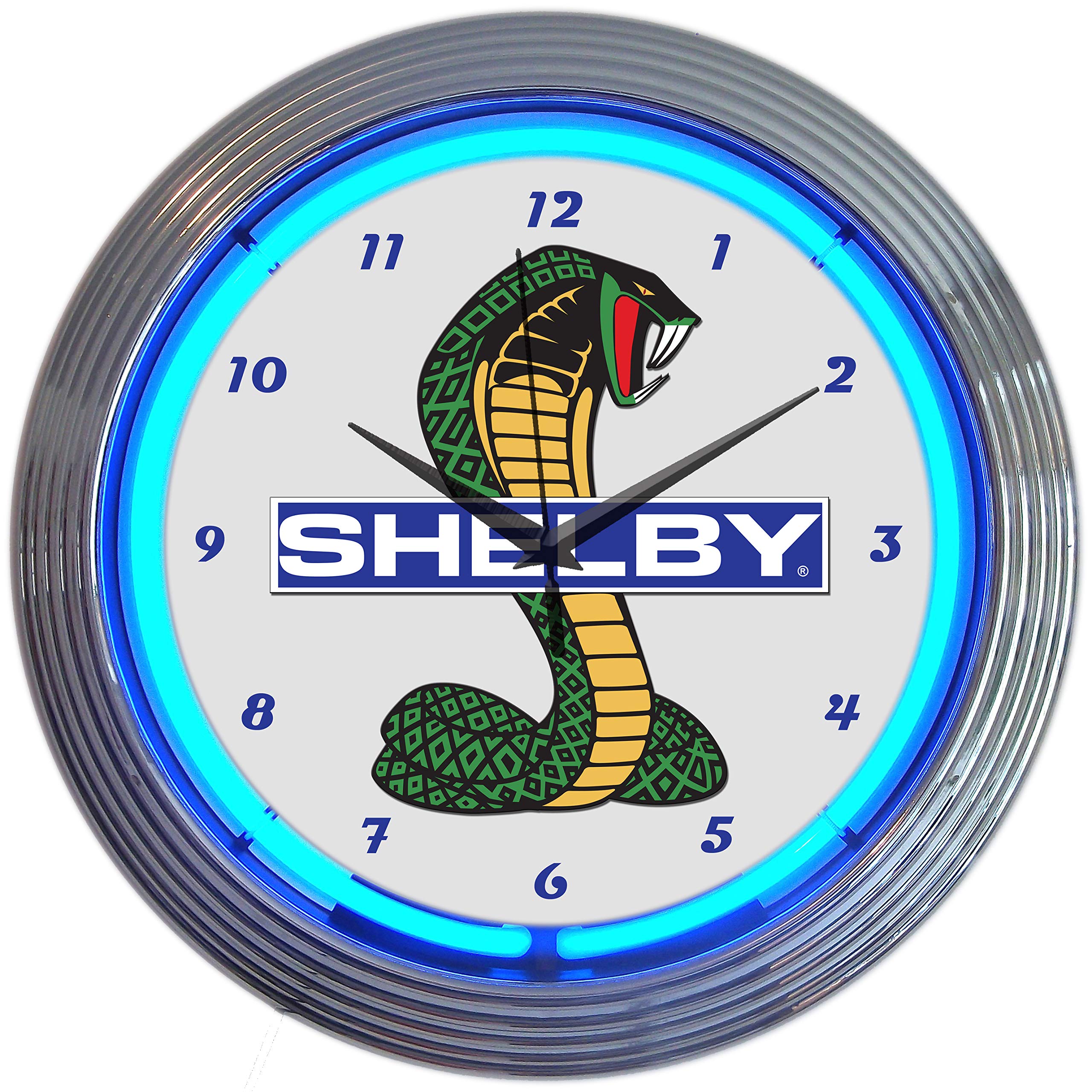 Ford Olp Shelby Cobra Mustang Blue Neon Clock 15 Inch Diameter With Chrome Finish Rim - 8Shlby