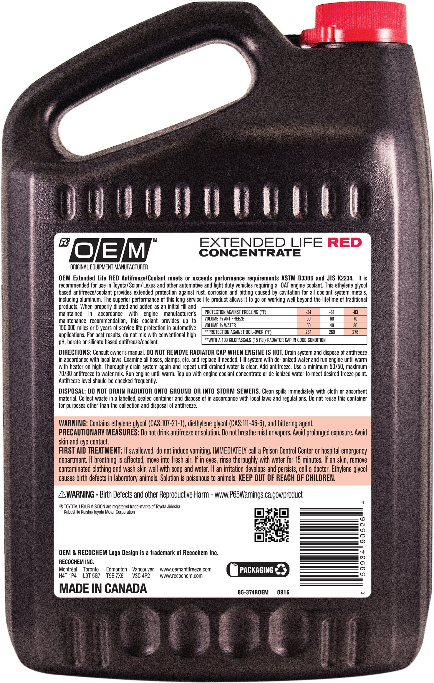 Recochem Oem 86-374Roem-4Pk Red Premium Antifreeze Concentrate Extended Life Red, 1 Gallon, 4 Pack