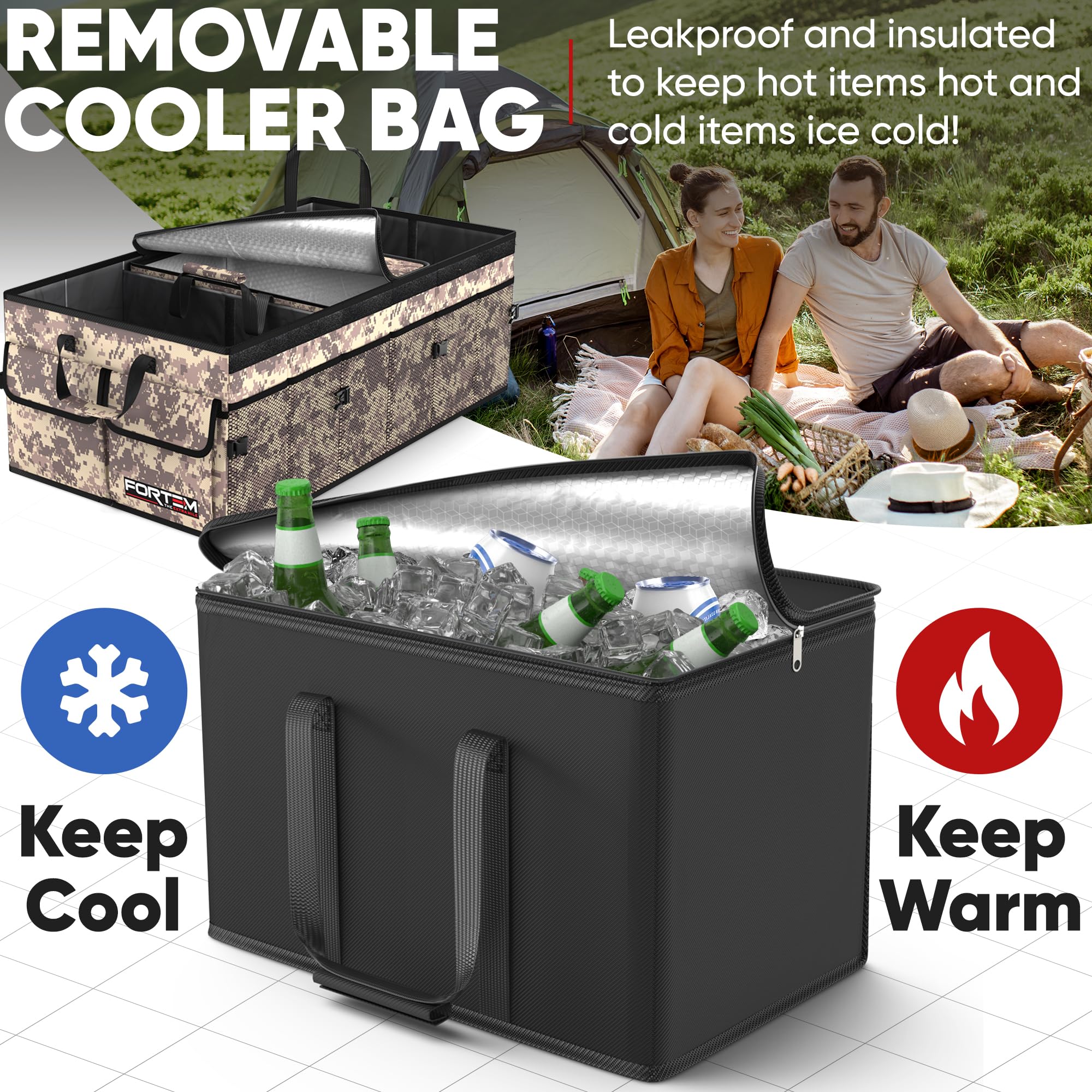 Fortem Car Trunk Organizer With Cooler, Car Storage Organizer, Collapsible Multi Compartment Car Organizer, Suv Trunk Organizer,