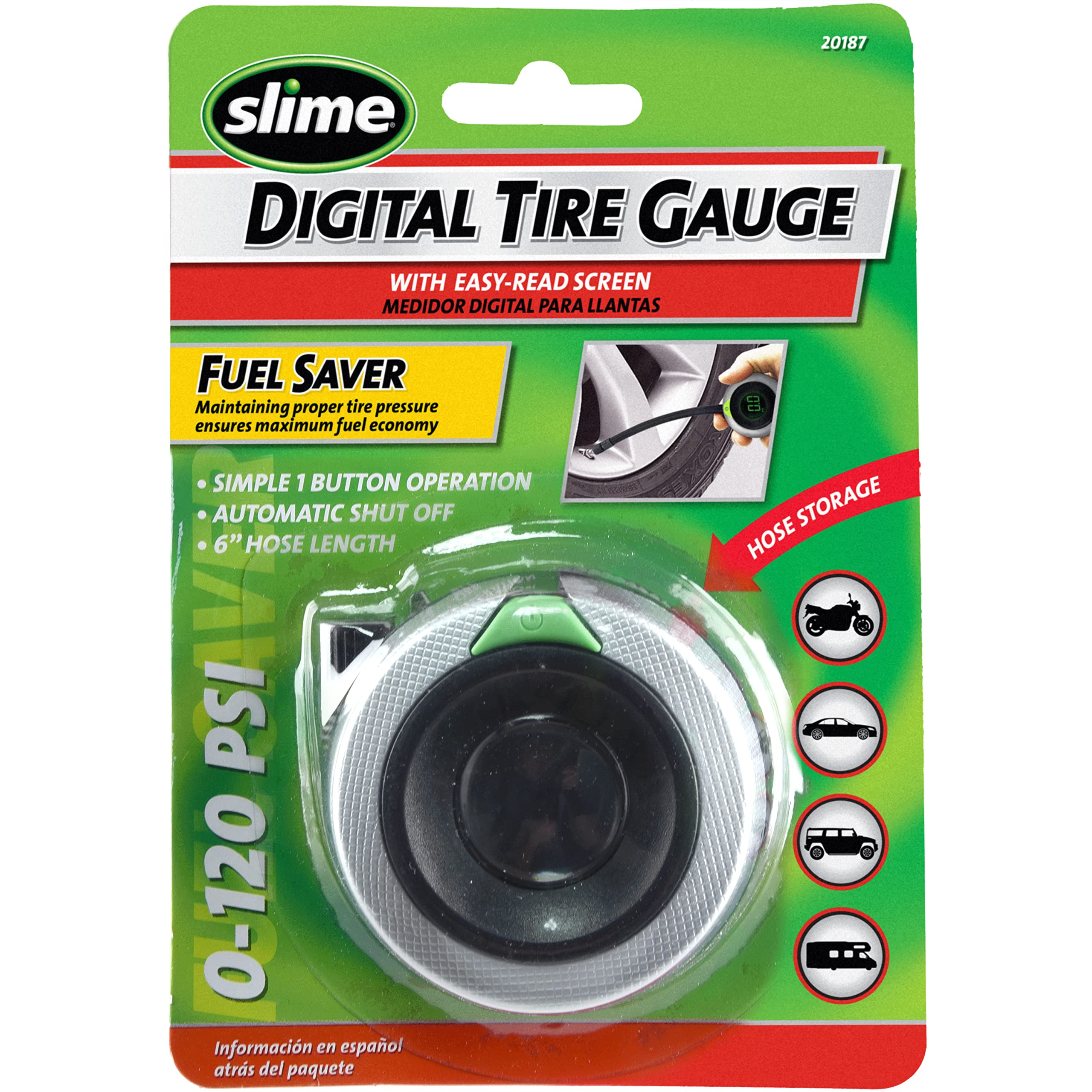 Slime 20187 Tire Pressure Gauge, Digital, Wraparound, Fits Any Size Tire Rims (0-120 Psi)