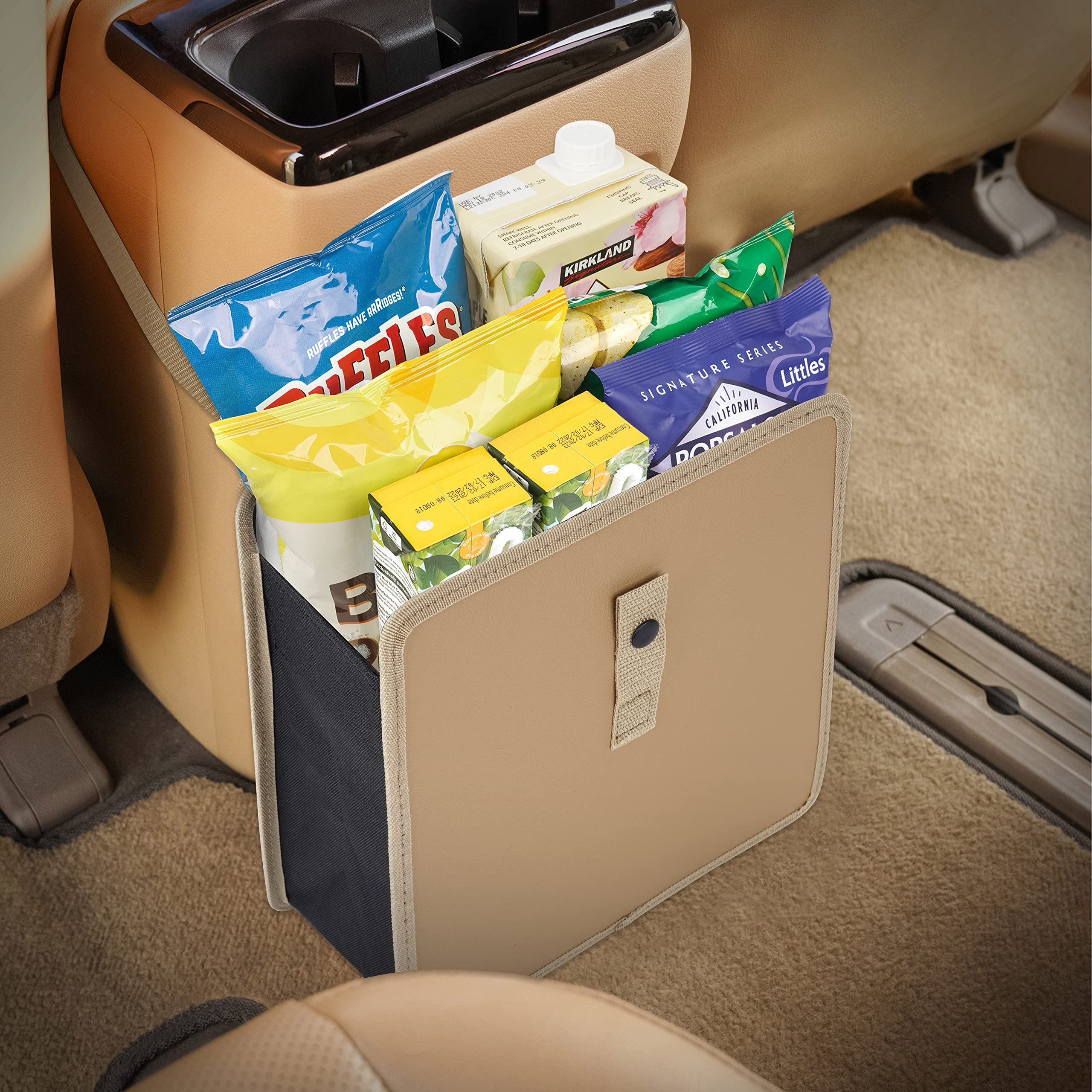 Kmmotors Jopps Premium Car Trash Can - Foldable Bin With Strap, Pu Leather & Oxford, Waterproof, Space-Saving, Simple Modern Des