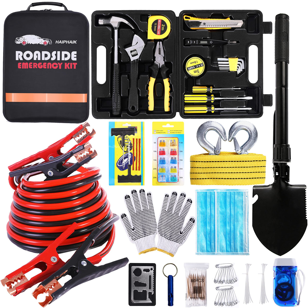 Haiphaik Car Emergency Roadside Kit- Safety Kits For Cars, Car Jumper Cables Kit 11.8 Foot (Upgrade) 124 Pcs Car Tool Kit,Tow St