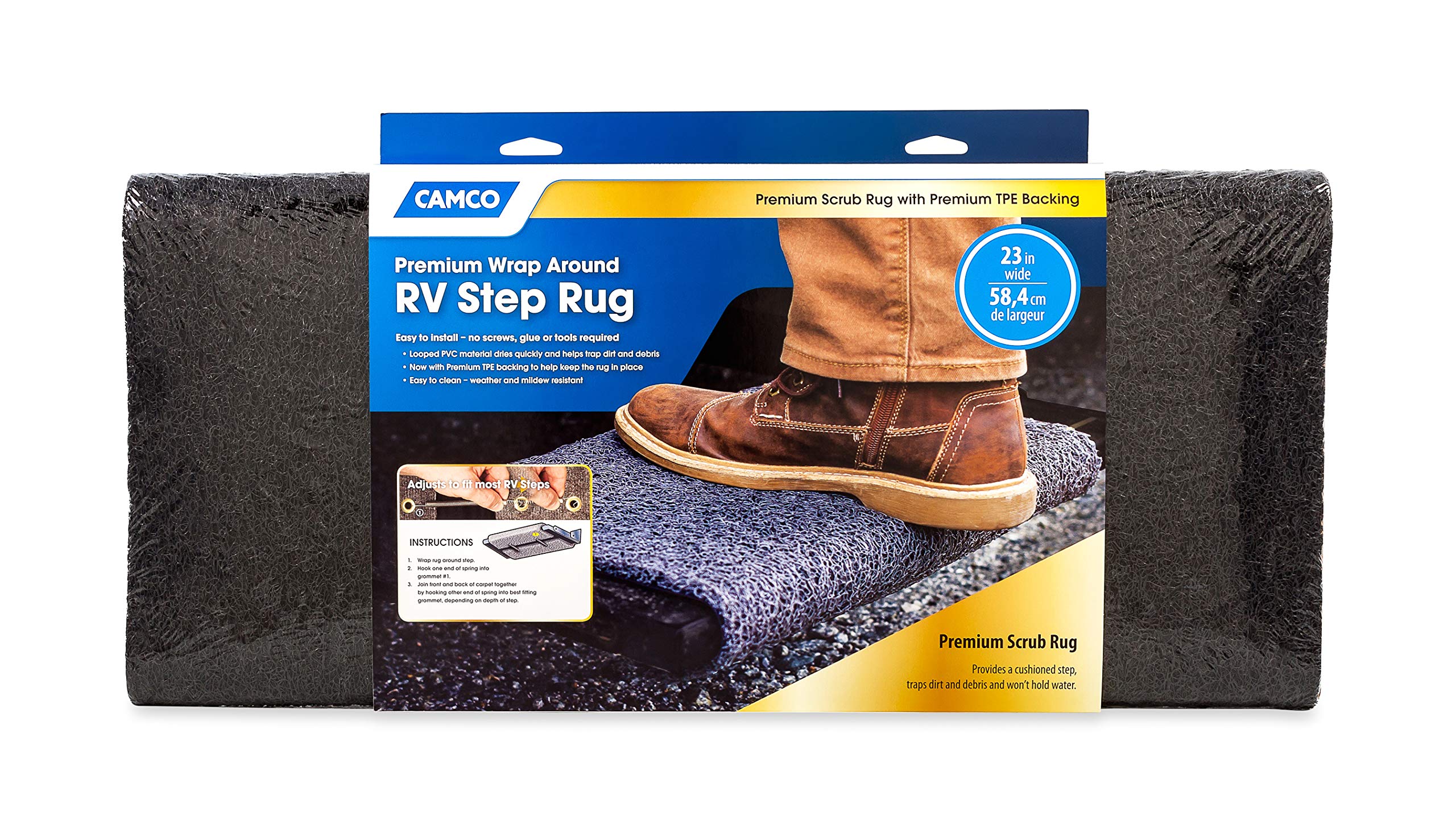 Camco Premium Wrap Around Rv Step Rug | Fits 23-Inch Wide Steps | Adjustable Depth Of 8-Inches To 11-Inches | Compatible With Manual Or Electric Rv Steps | Black (42966)