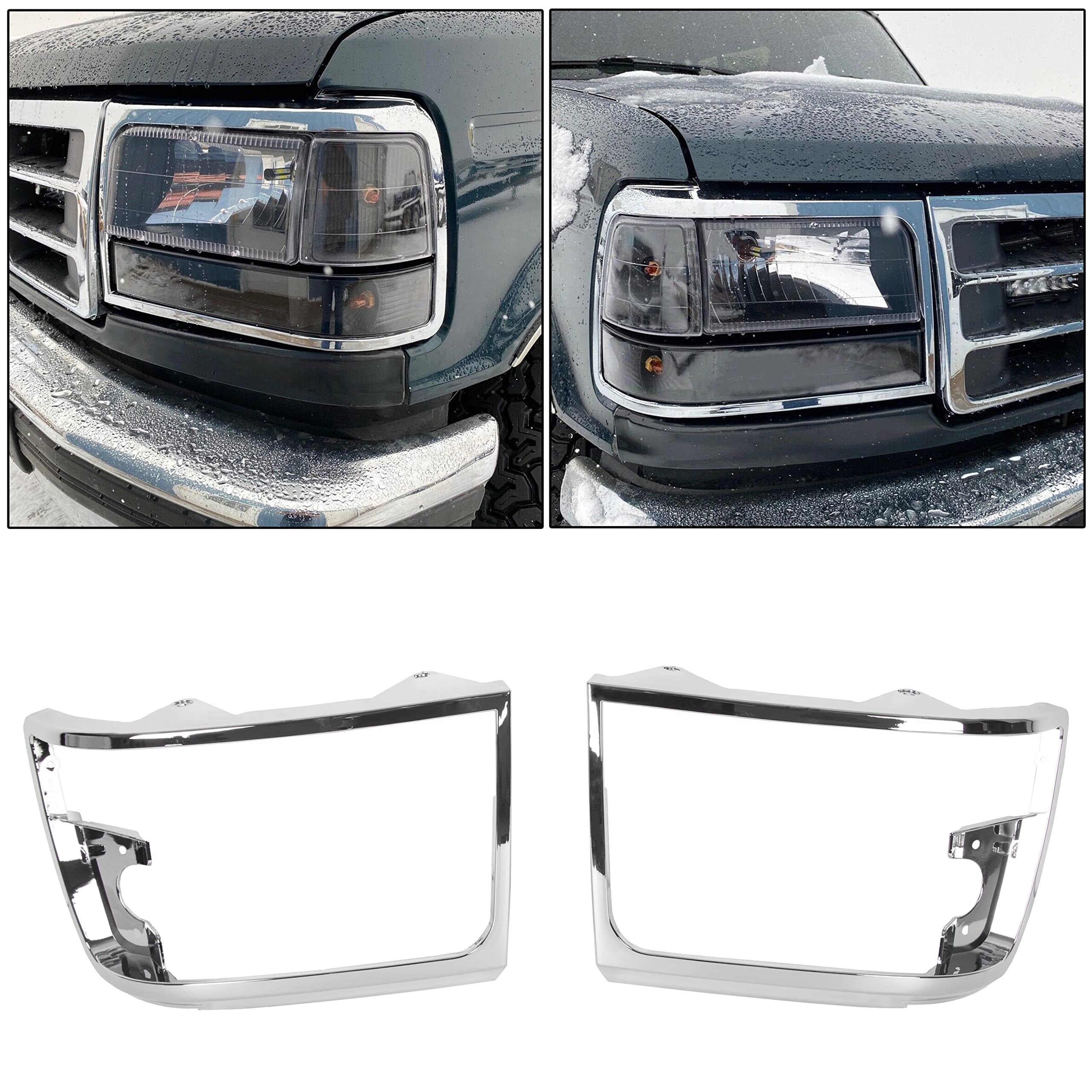ECOTRIC Headlights Trim Bezel Pairs Compatible with 1992-1997 F250 F350 Truck & 1992-1996 Bronco F150 Pickup Truck Headlamps Chr