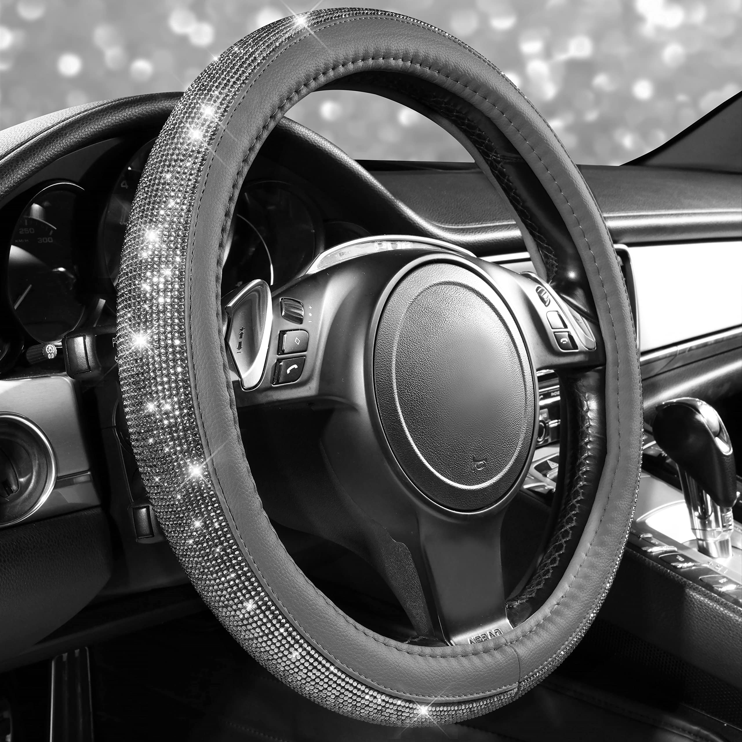 Car Pass Bling Diamond Leather Steering Wheel Cover, With Bling Sparkly Crystal Glitter Rhinestones Universal Fit 14 1/2-15 Car Wheel Protector For Women Girl Fit Suvs,Vans,Sedans,Cars,Trucks, Gray