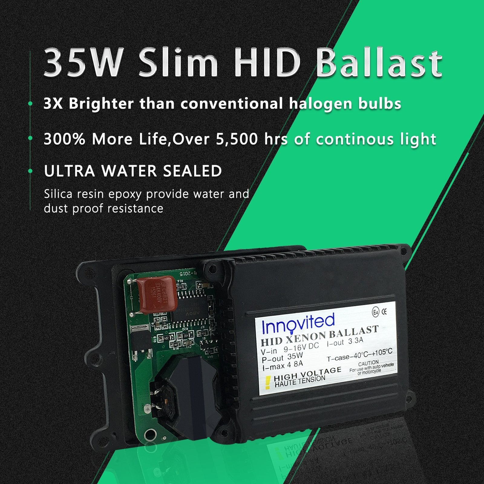 Innovited 2pcs 35w 12v HID Replacement Slim Ballast for H1 H3 H4 H7 H10 H11 9005 9006 D2r D2s