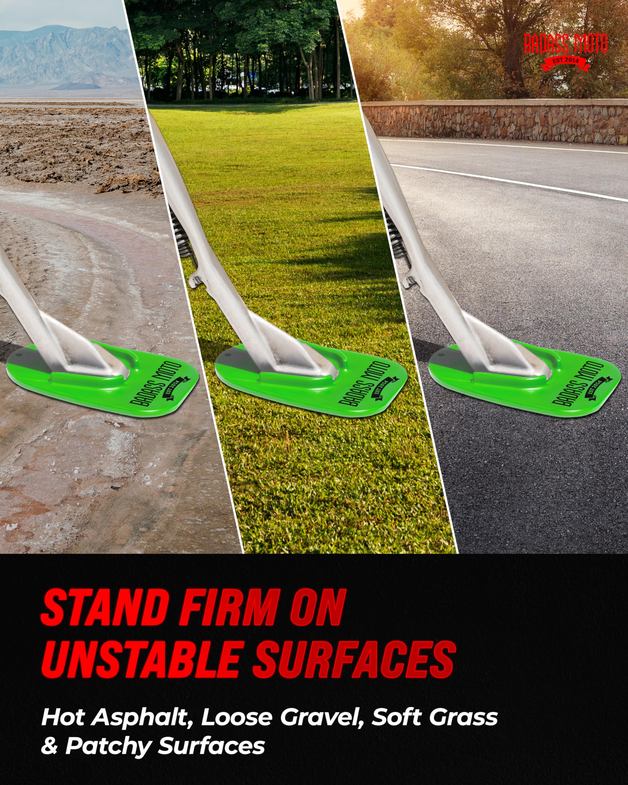 Badass Moto Motorcycle Kickstand Pad - Green - American Made in USA. Durable Biker Kick Stand Coaster/Support Plate Color Choice