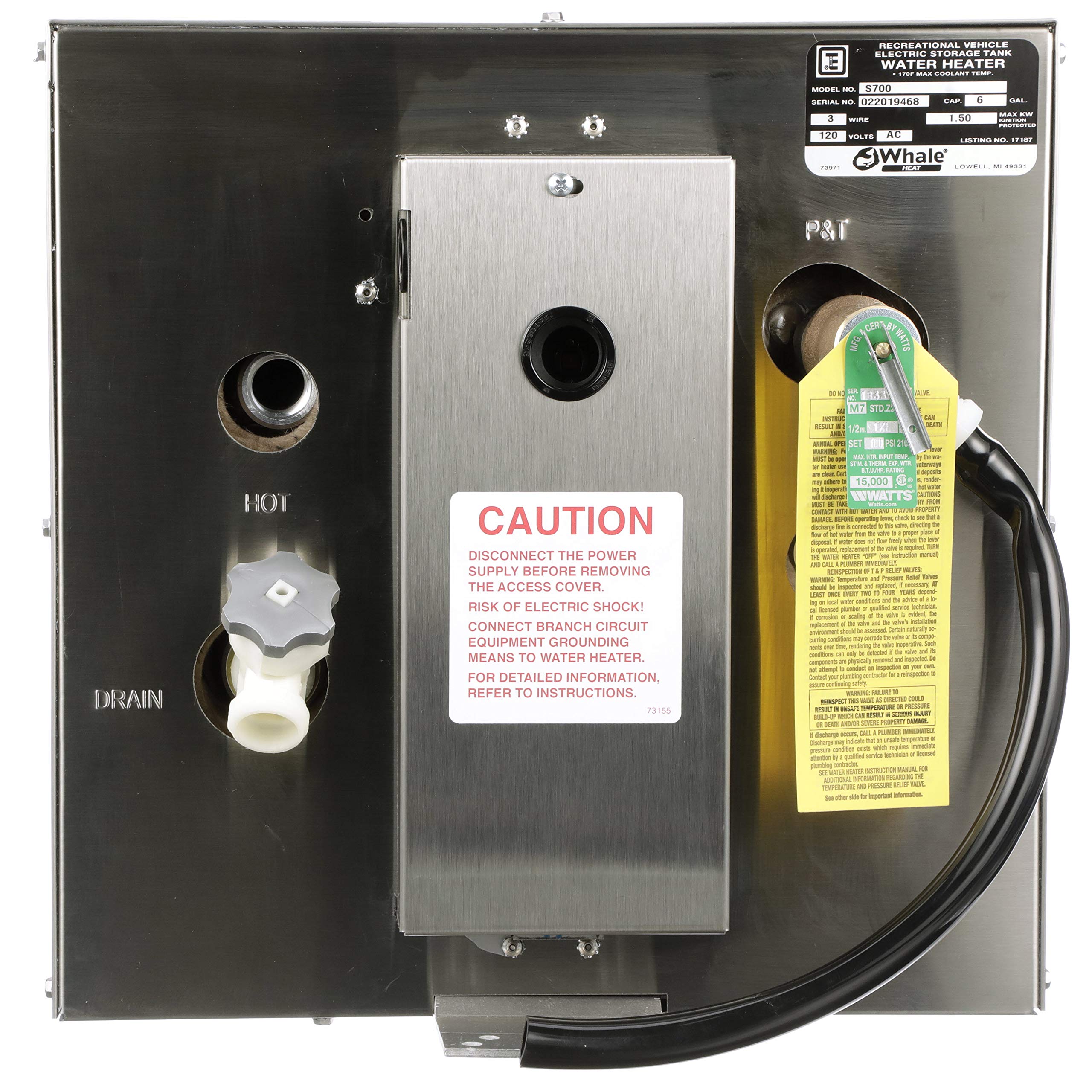 Whale S700 Water Heater, 6-Gallon Capacity, 120V, Rear Heat Exchanger, 13 Inches W X 19 Inches D X 13 Inches H