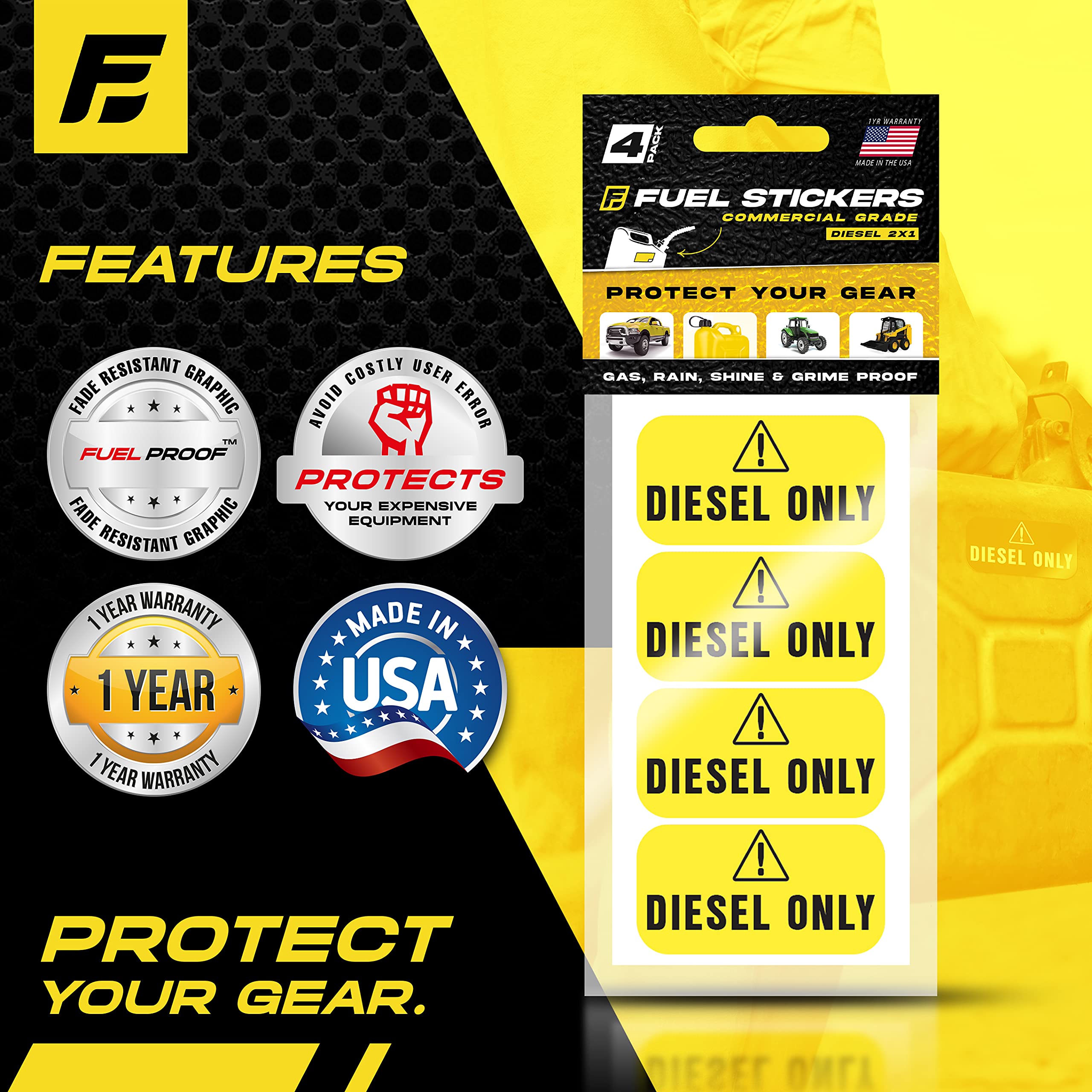 Diesel Only Sticker (Yellow), Labels For Tractors, Construction And Heavy Equipment - Weather Proof, Extreme Stick, Commercial Grade Diesel Labels By Fuel Stickers - Usa Made (2X1 Inch), 40 Labels