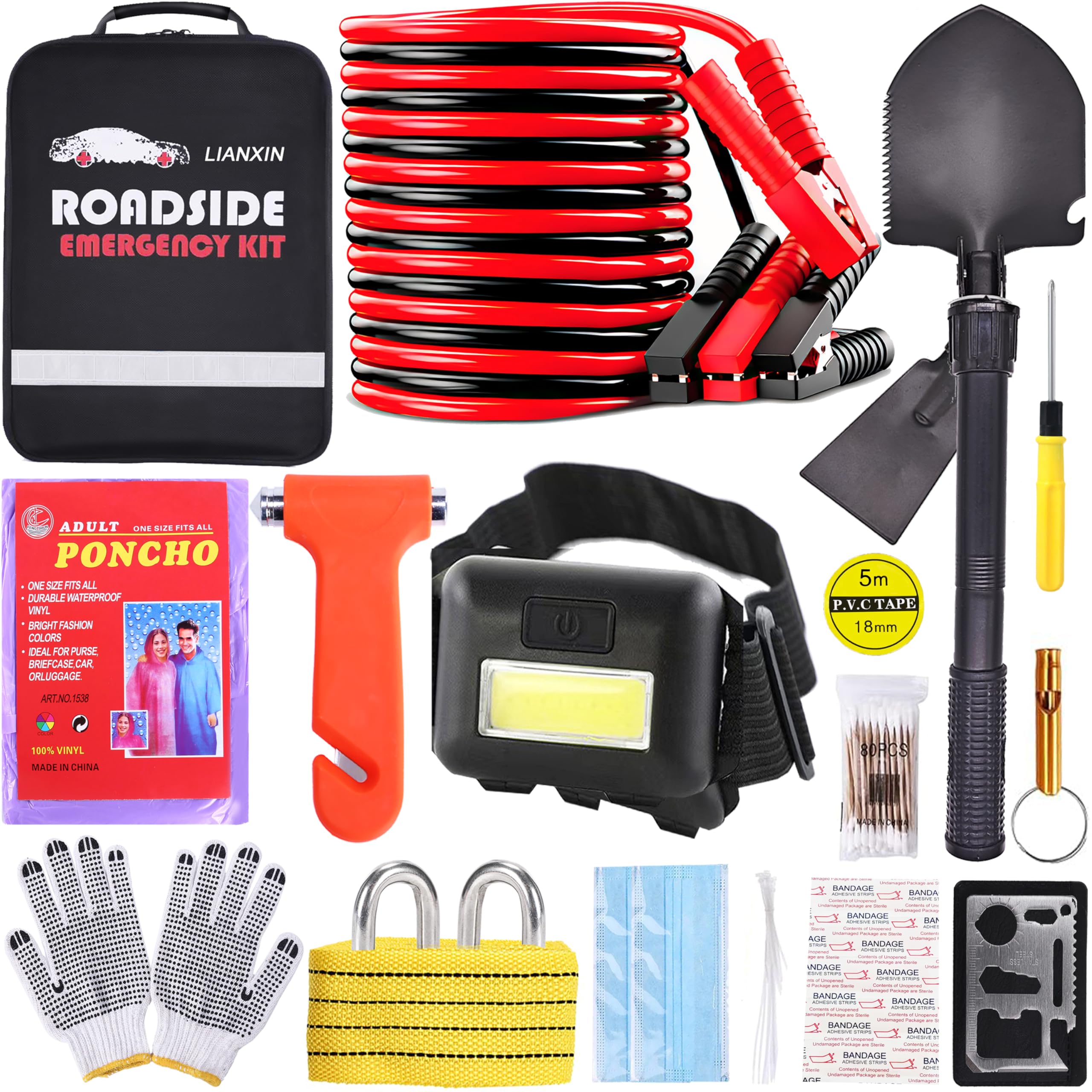 Car Emergency Roadside Tool Kit, Emergency Kits For Vehicles, Road Side Safety Assistance Kit,With Jumper Cables For Car,Headlam