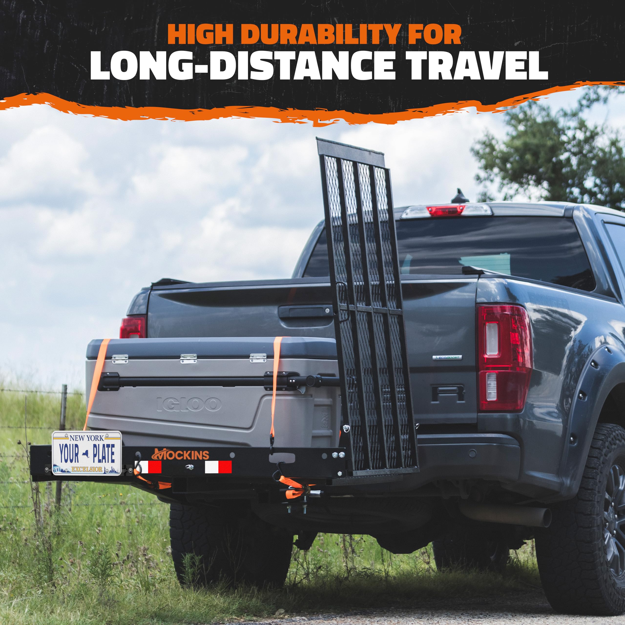 Mockins 48''x28.5''x4'' Heavy Duty Trailer Hitch Cargo Carrier with Ramp for Wheelchair | 500 Lbs. Capacity Folding Steel Cargo